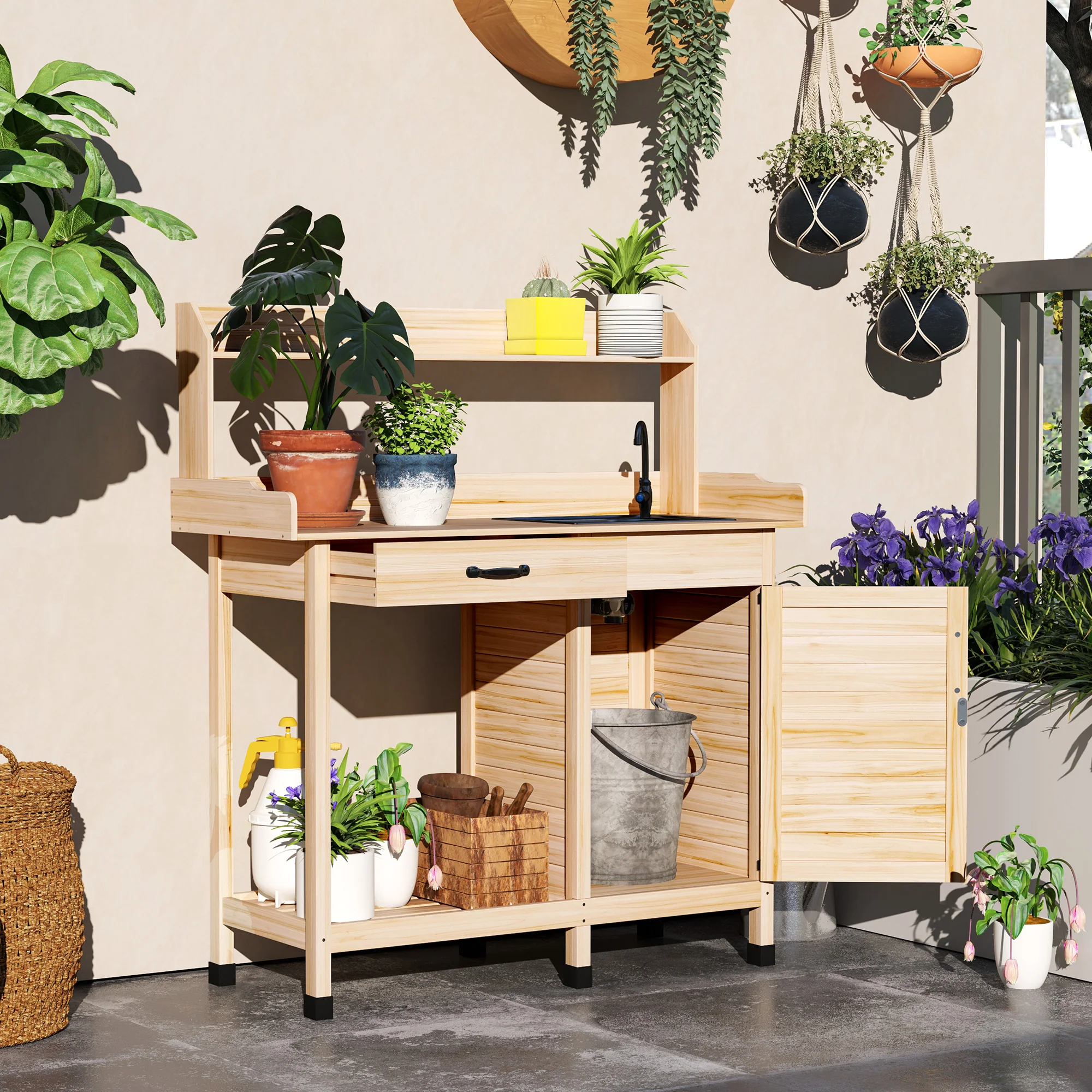 Garden Potting Table with Storage Cabinet, Removable Sink, Faucet and Drawer, Natural Wood - Image 3
