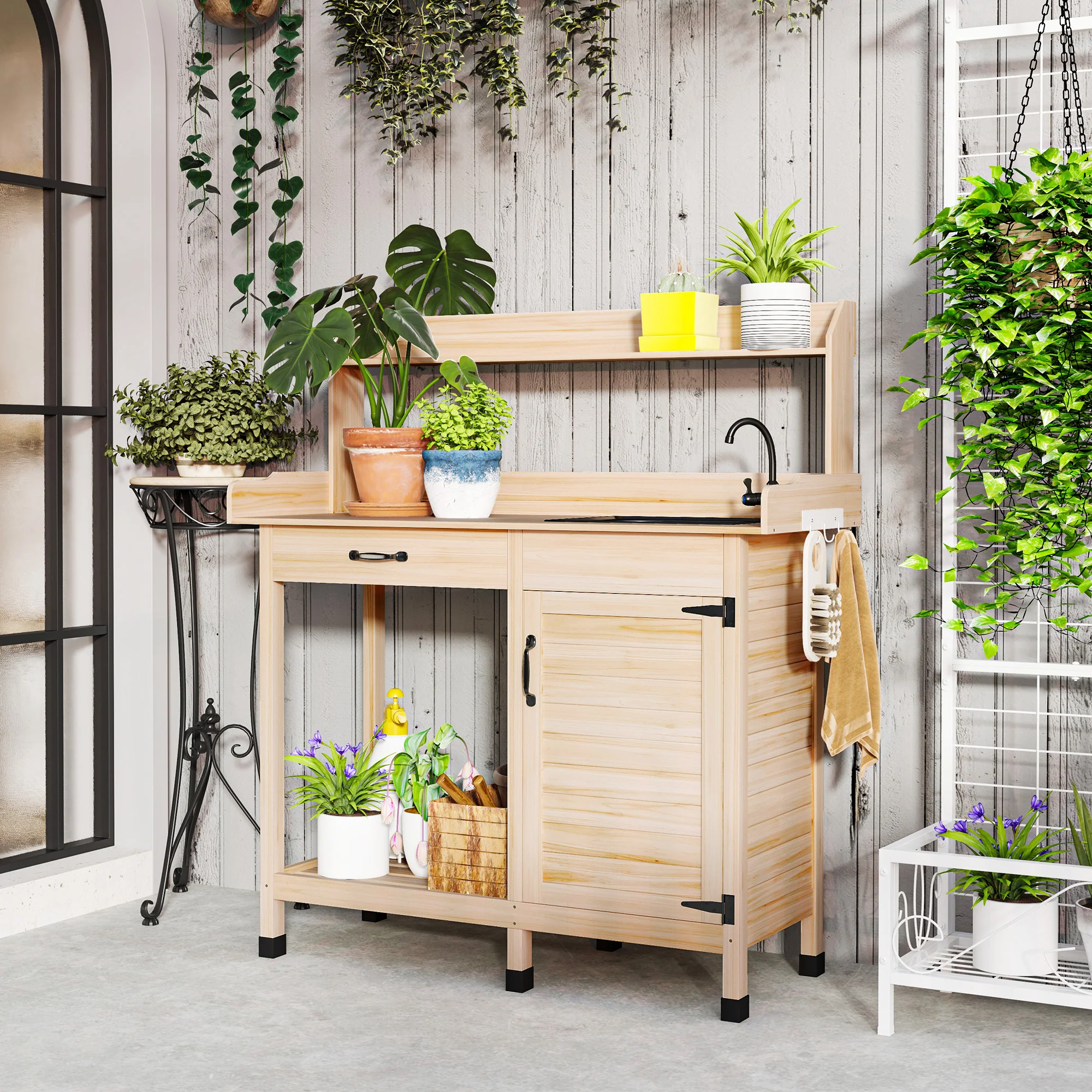 Garden Potting Table with Storage Cabinet, Removable Sink, Faucet and Drawer, Natural Wood - Image 4