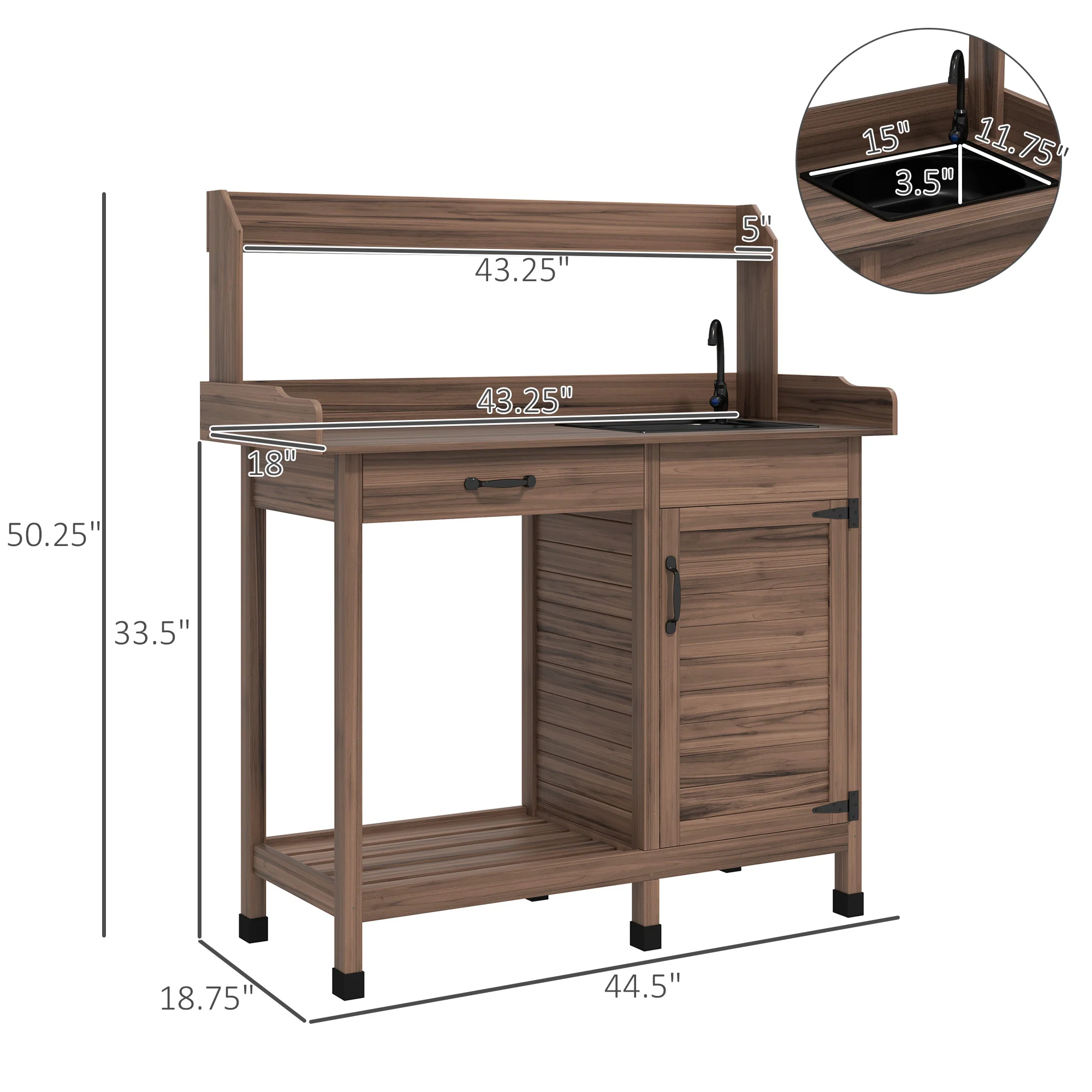 Garden Potting Table with Storage Cabinet, Removable Sink, Faucet and Drawer, Dark Brown - Image 5