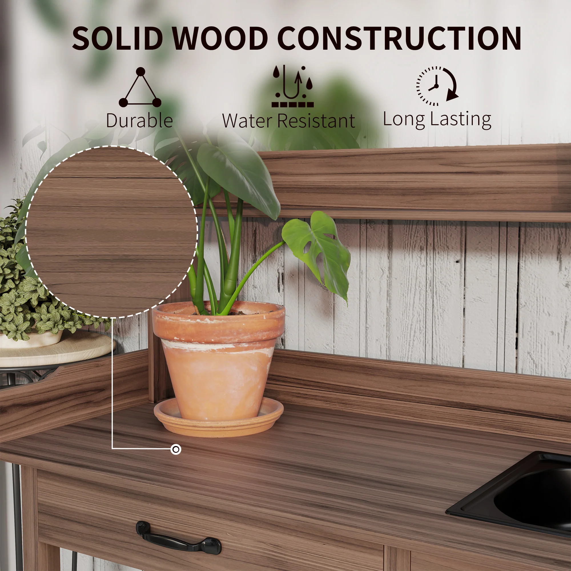 Garden Potting Table with Storage Cabinet, Removable Sink, Faucet and Drawer, Dark Brown - Image 8