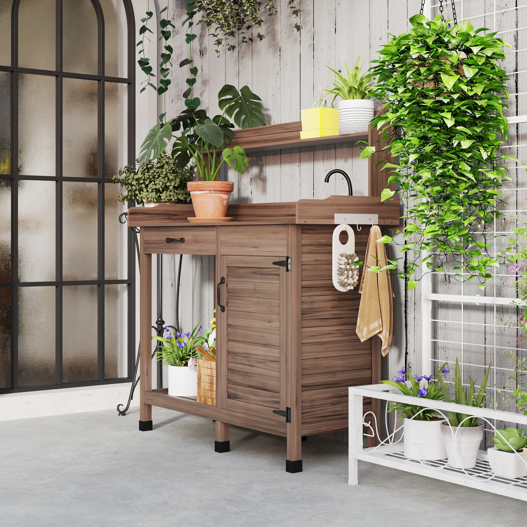 Garden Potting Table with Storage Cabinet, Removable Sink, Faucet and Drawer, Dark Brown - Image 9