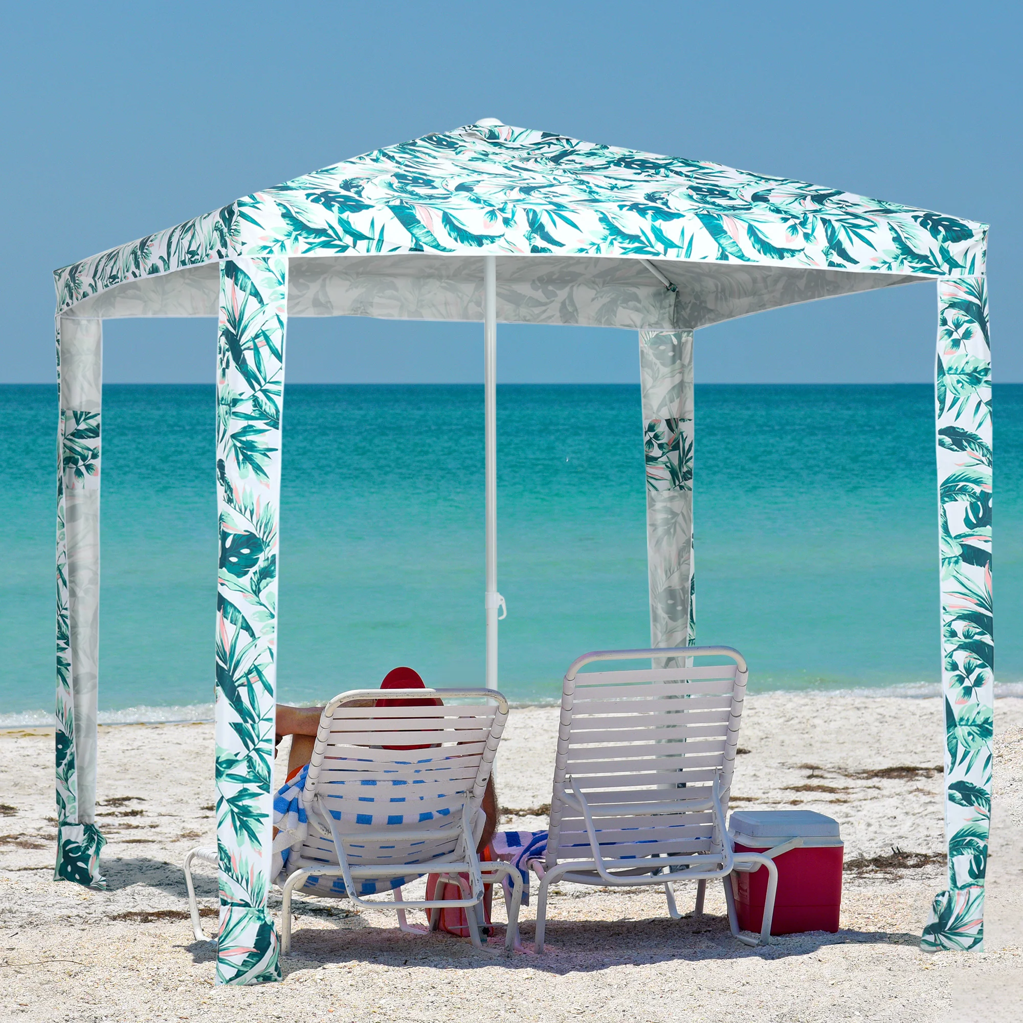 6.5' UV50+ Beach Canopy with Sandbags, Easy Assembly Sun Shelter in Green Coconut Palm - Image 4