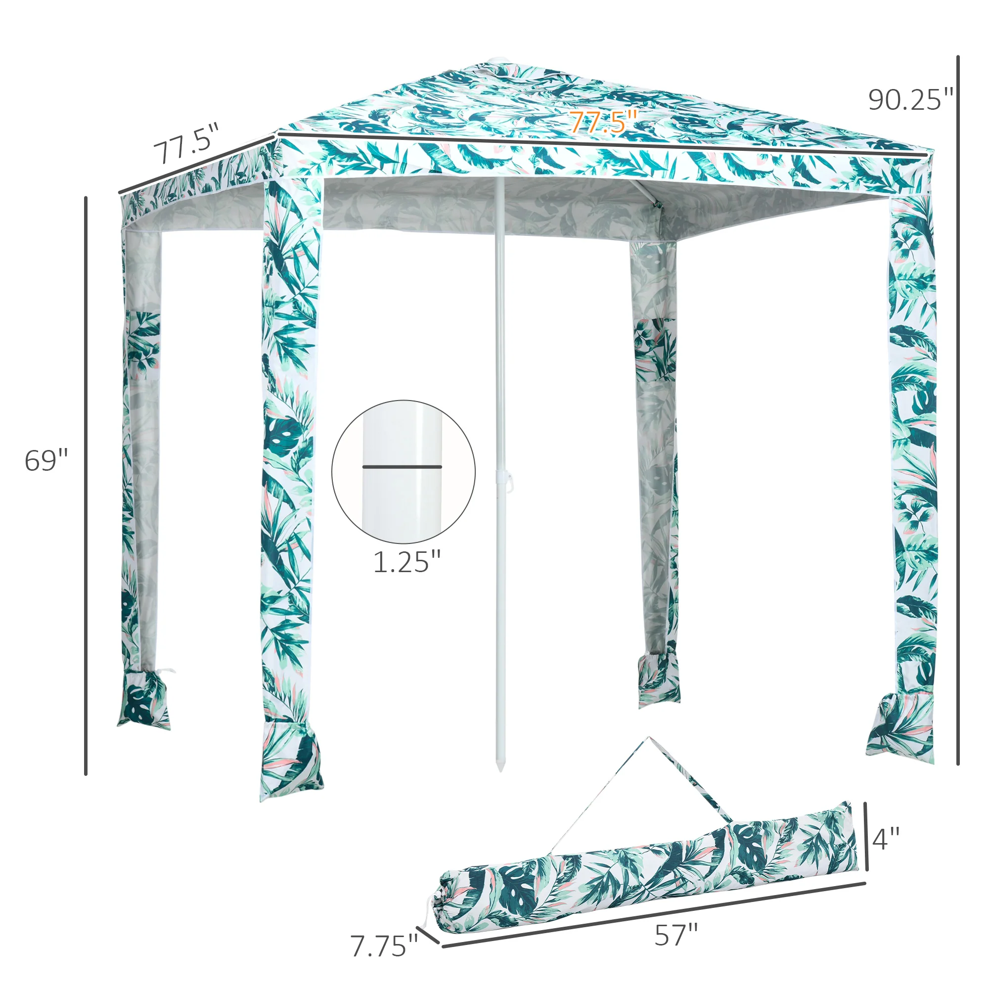 6.5' UV50+ Beach Canopy with Sandbags, Easy Assembly Sun Shelter in Green Coconut Palm - Image 5