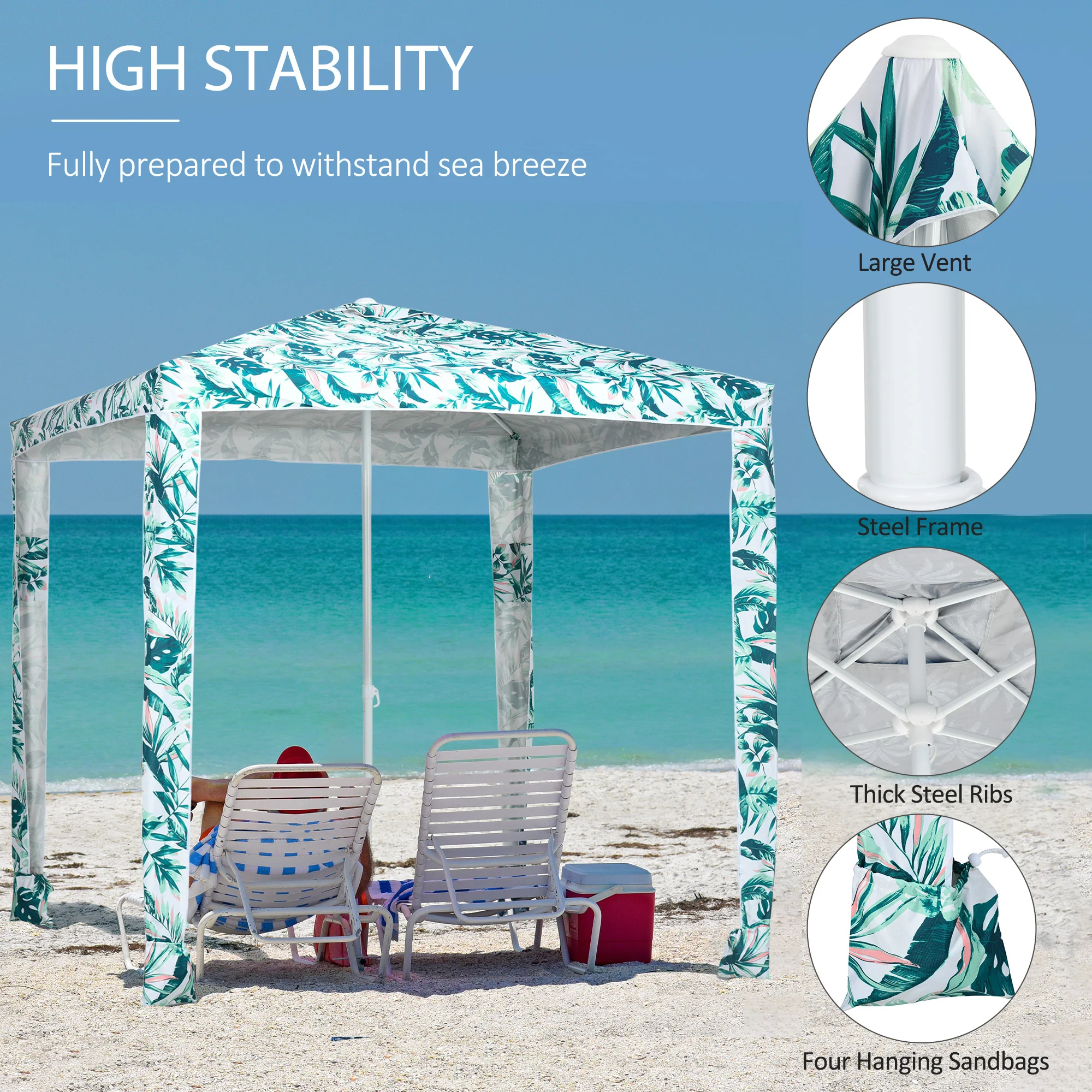 6.5' UV50+ Beach Canopy with Sandbags, Easy Assembly Sun Shelter in Green Coconut Palm - Image 7