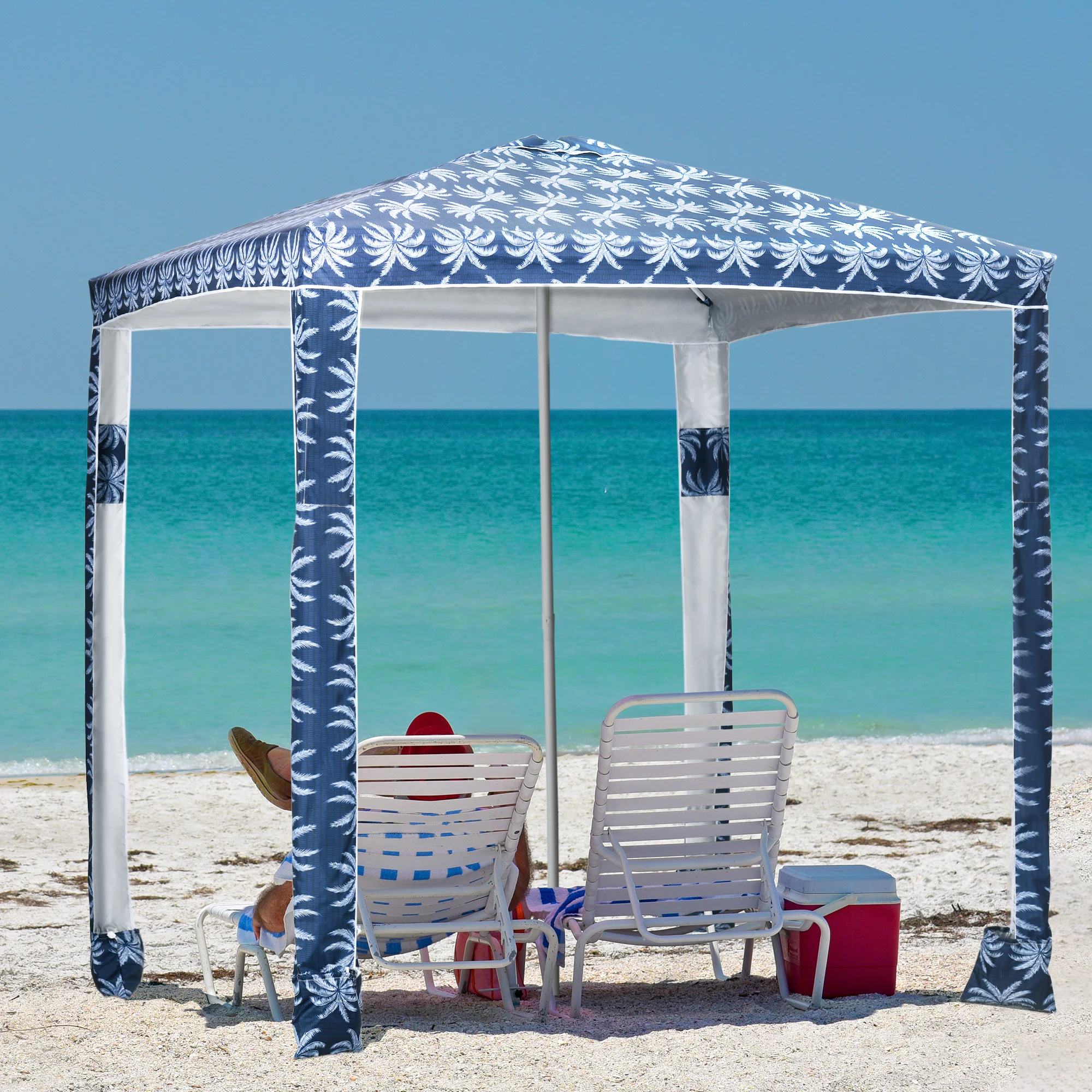 6.5' Beach Canopy Umbrella with UV50+ Protection & Sandbags, Easy Assembly, Blue Coconut Palm - Image 4