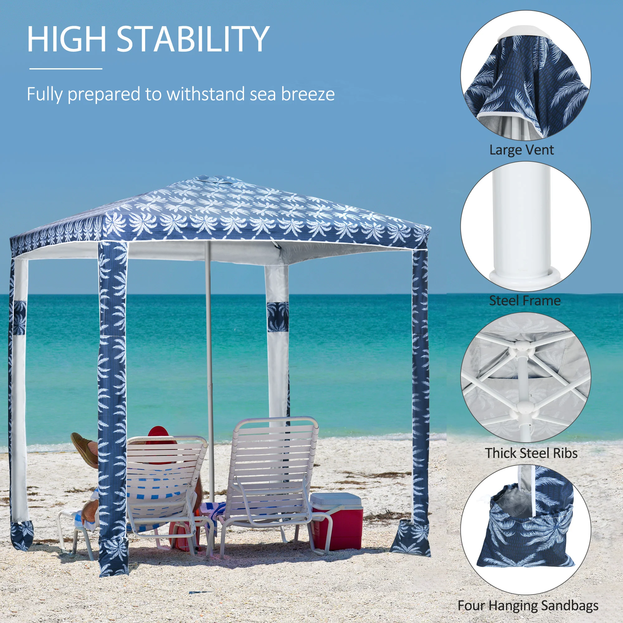 6.5' Beach Canopy Umbrella with UV50+ Protection & Sandbags, Easy Assembly, Blue Coconut Palm - Image 7