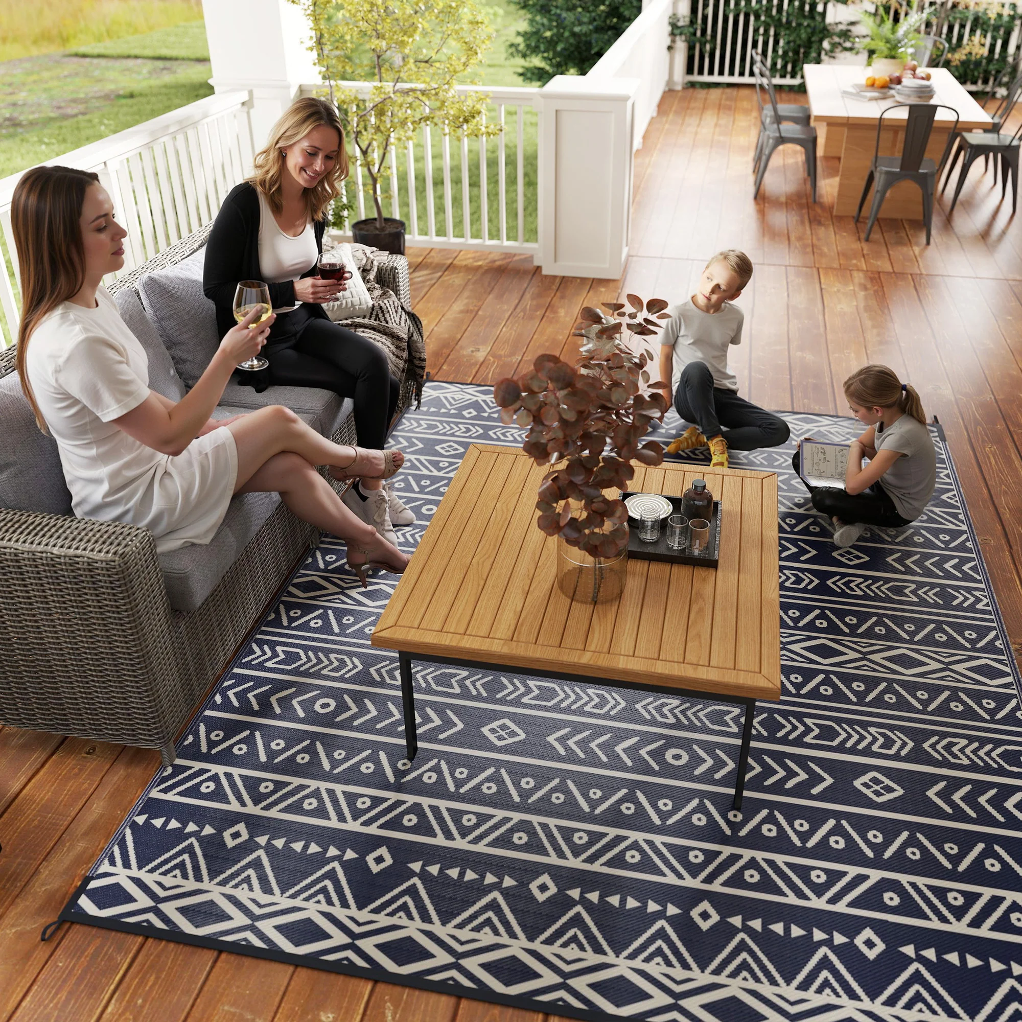 8' x 10' Reversible Waterproof Plastic Straw Outdoor Rug in Blue & White Geometric - Image 11