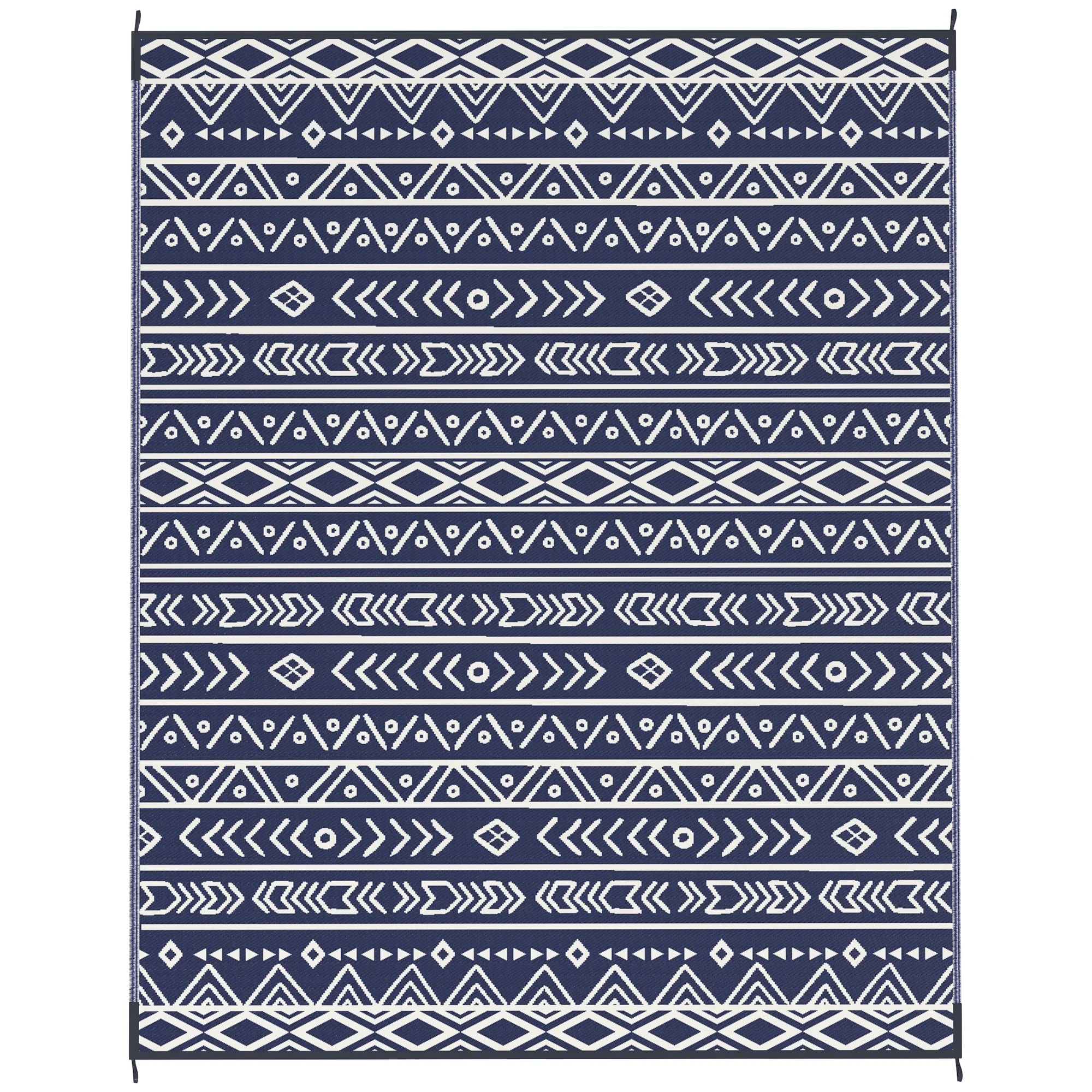8' x 10' Reversible Waterproof Plastic Straw Outdoor Rug in Blue & White Geometric - Image 12