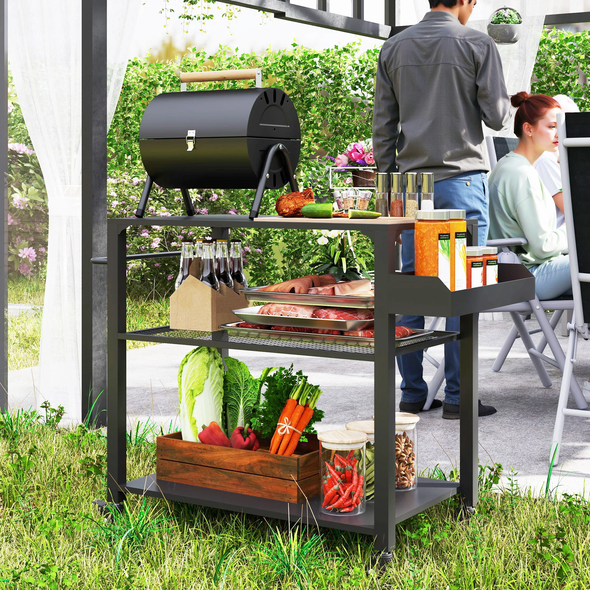 3-Tier Outdoor Grill Cart with Storage Racks & Pizza Oven on Wheels, 31.5" x 19.7" - Image 3