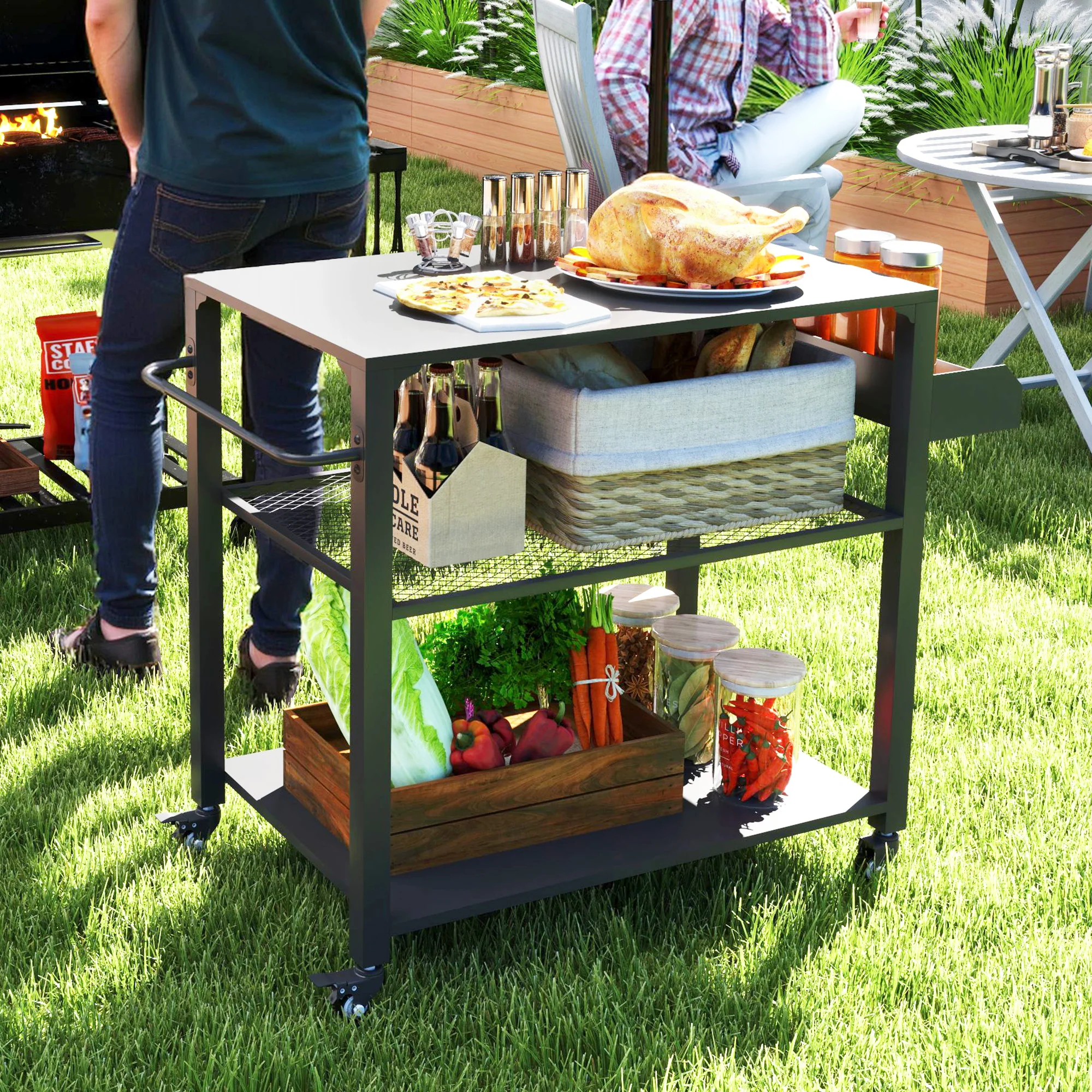 3-Tier Outdoor Grill Cart with Storage Racks & Pizza Oven on Wheels, 31.5" x 19.7" - Image 4