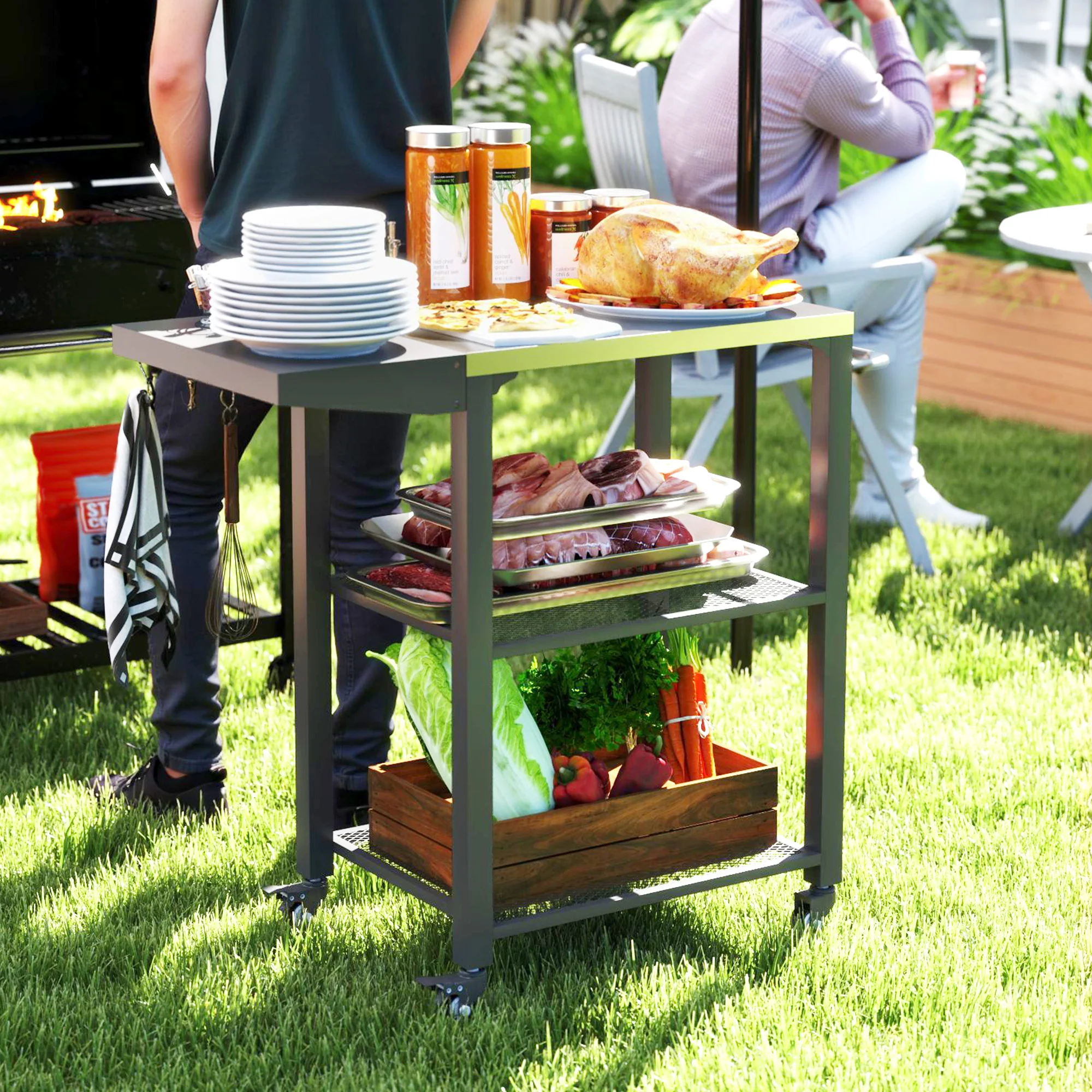 3-Tier Grill Cart with Foldable Side Table, Stainless Steel Top & Hooks, 22" x 16.1" - Image 3