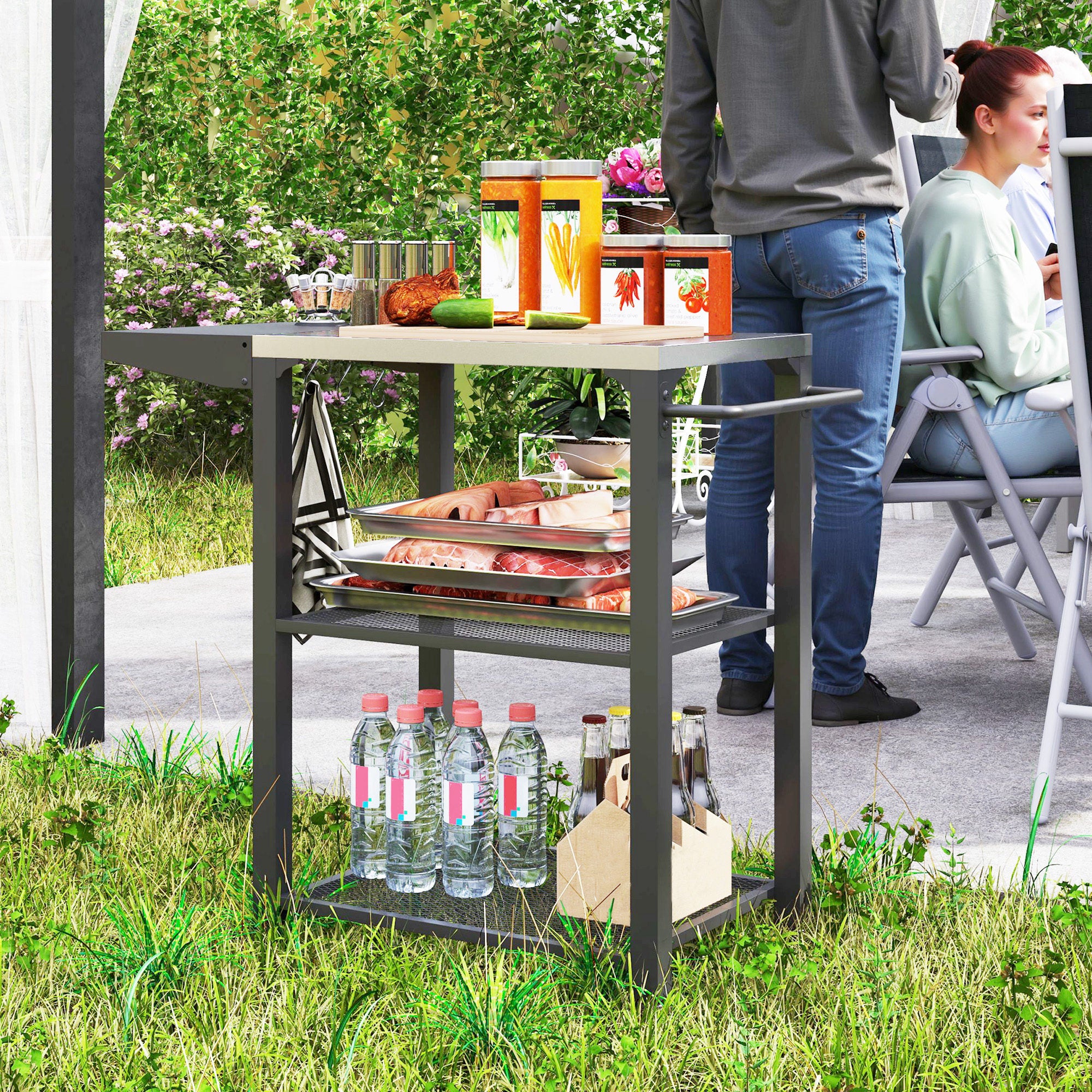 3-Tier Grill Cart with Foldable Side Table, Stainless Steel Top & Hooks, 22" x 16.1" - Image 4