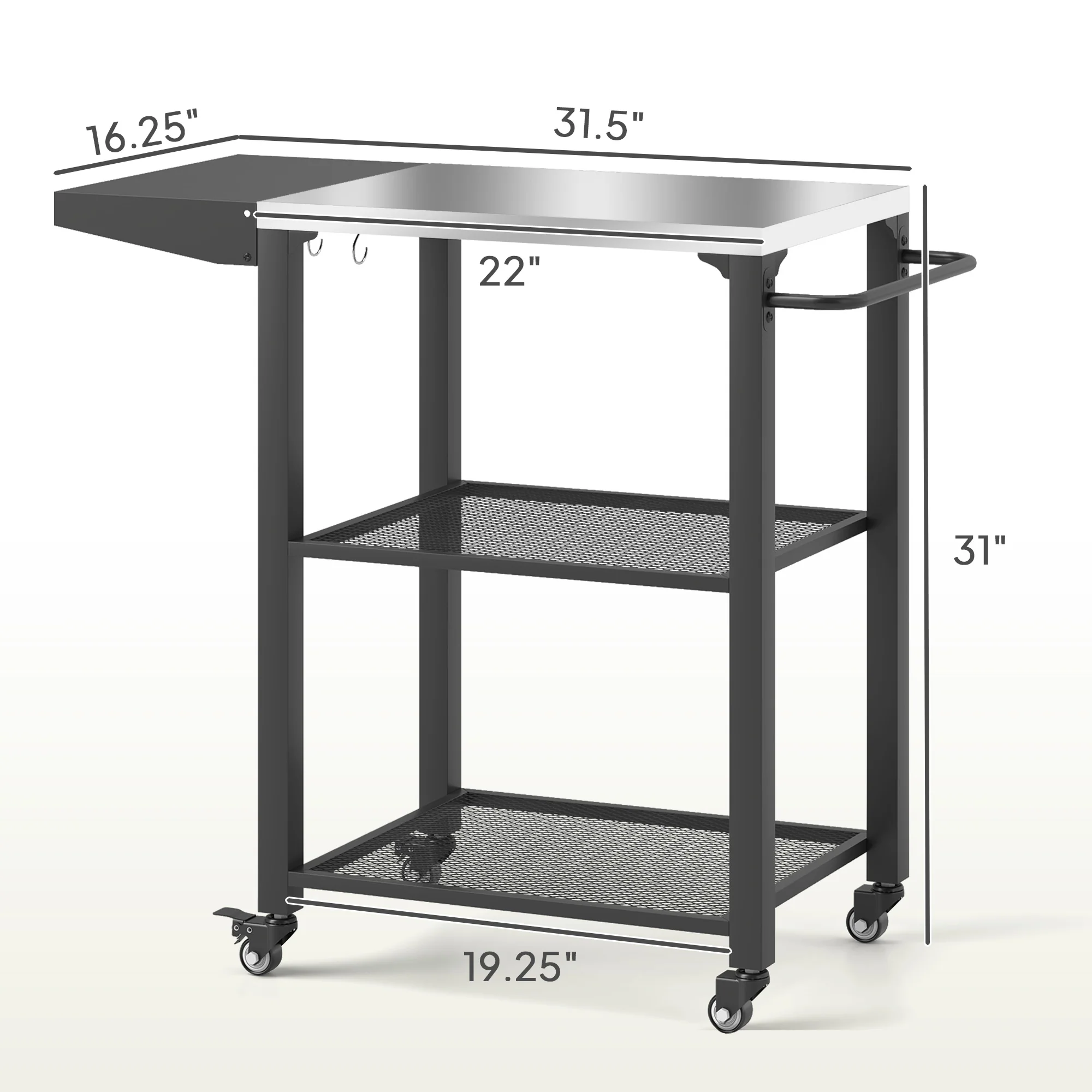 3-Tier Grill Cart with Foldable Side Table, Stainless Steel Top & Hooks, 22" x 16.1" - Image 5