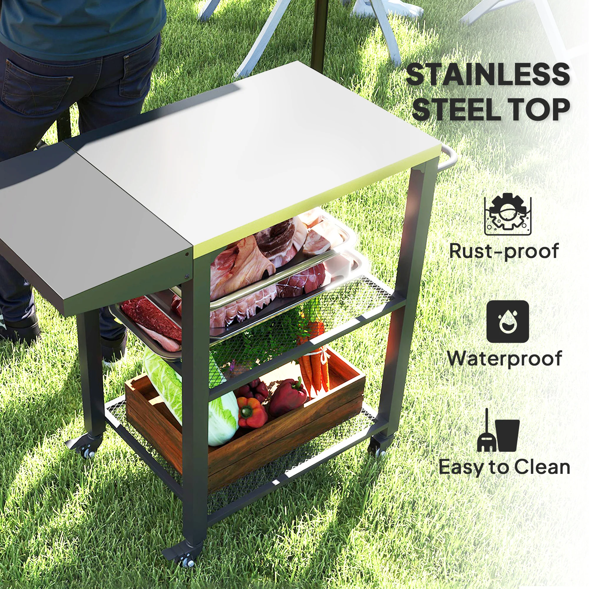 3-Tier Grill Cart with Foldable Side Table, Stainless Steel Top & Hooks, 22" x 16.1" - Image 6