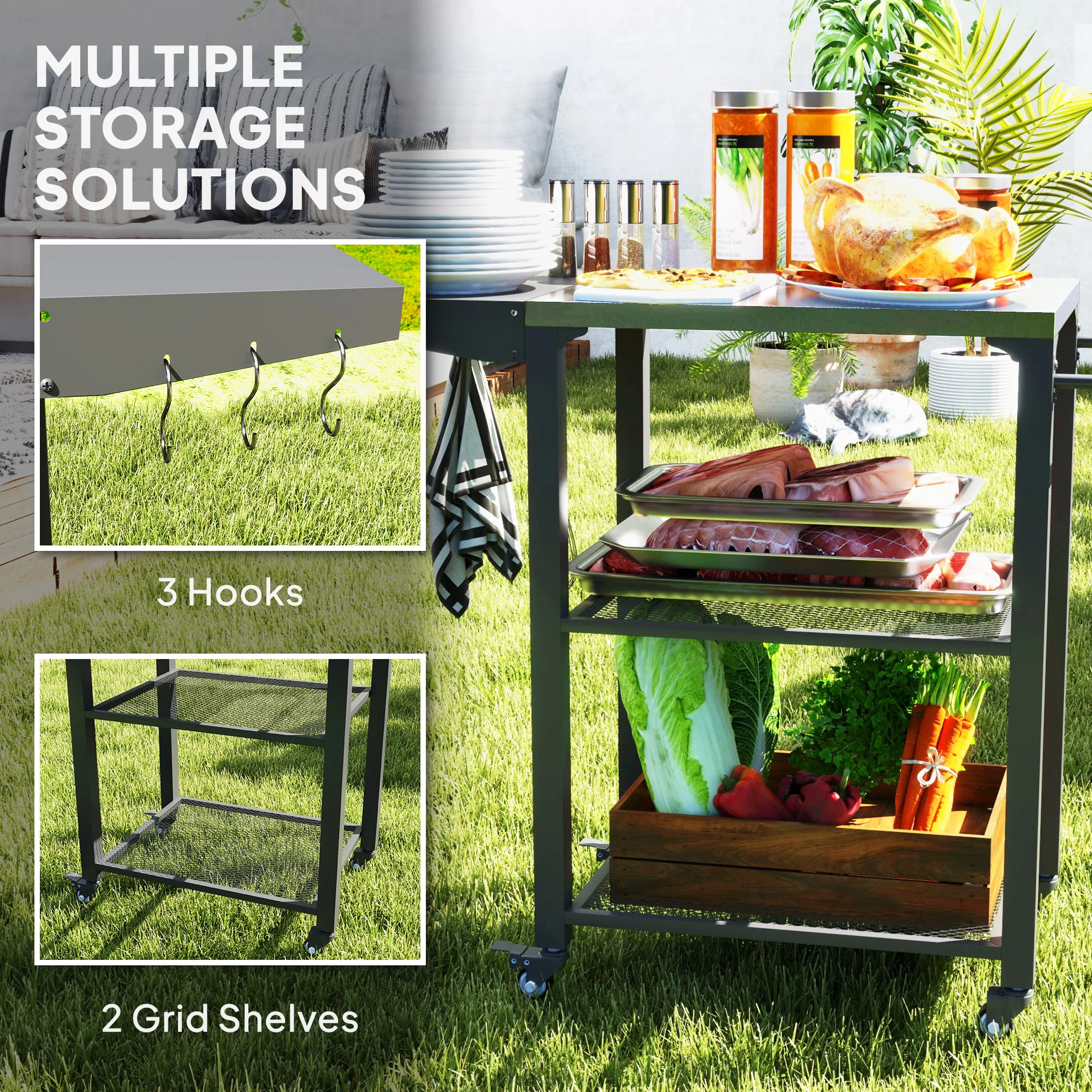 3-Tier Grill Cart with Foldable Side Table, Stainless Steel Top & Hooks, 22" x 16.1" - Image 8