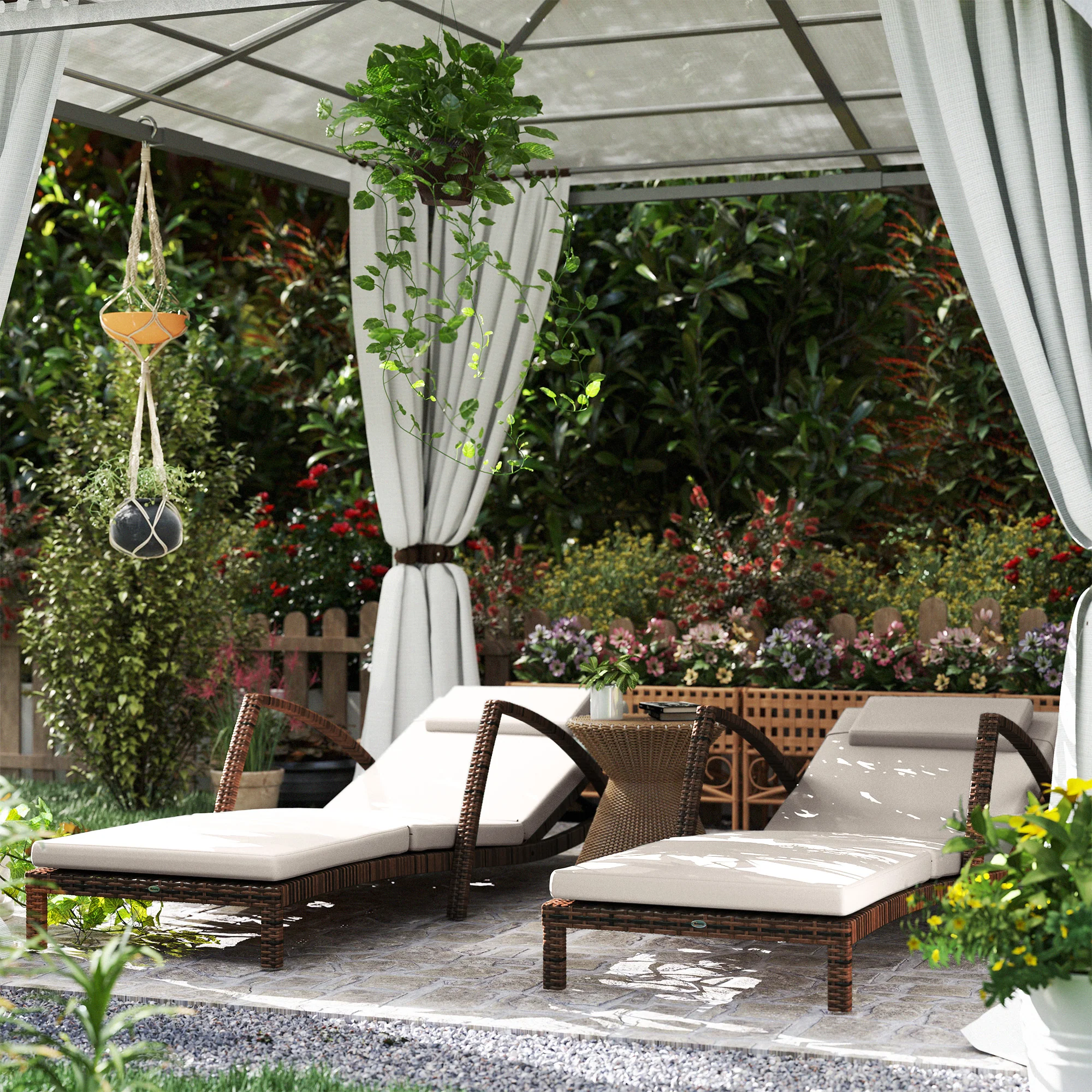 Set of 2 Outdoor Chaise Lounge Chair with Wheels, 5-Position Adjustable Reclining, Beige - Image 3