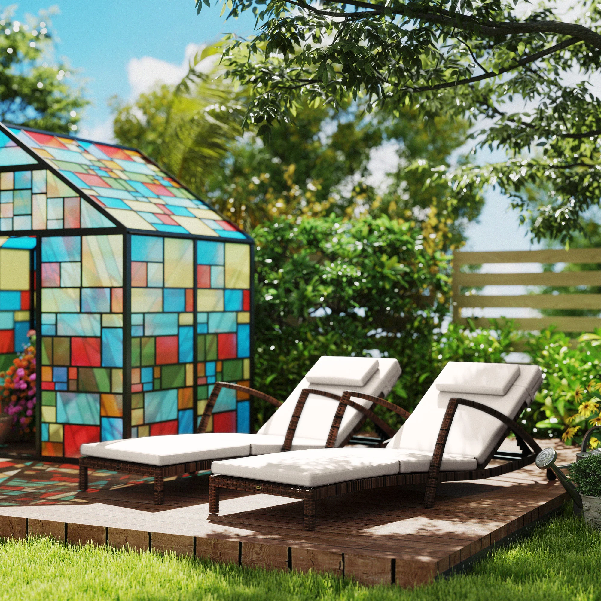 Set of 2 Outdoor Chaise Lounge Chair with Wheels, 5-Position Adjustable Reclining, Beige - Image 4