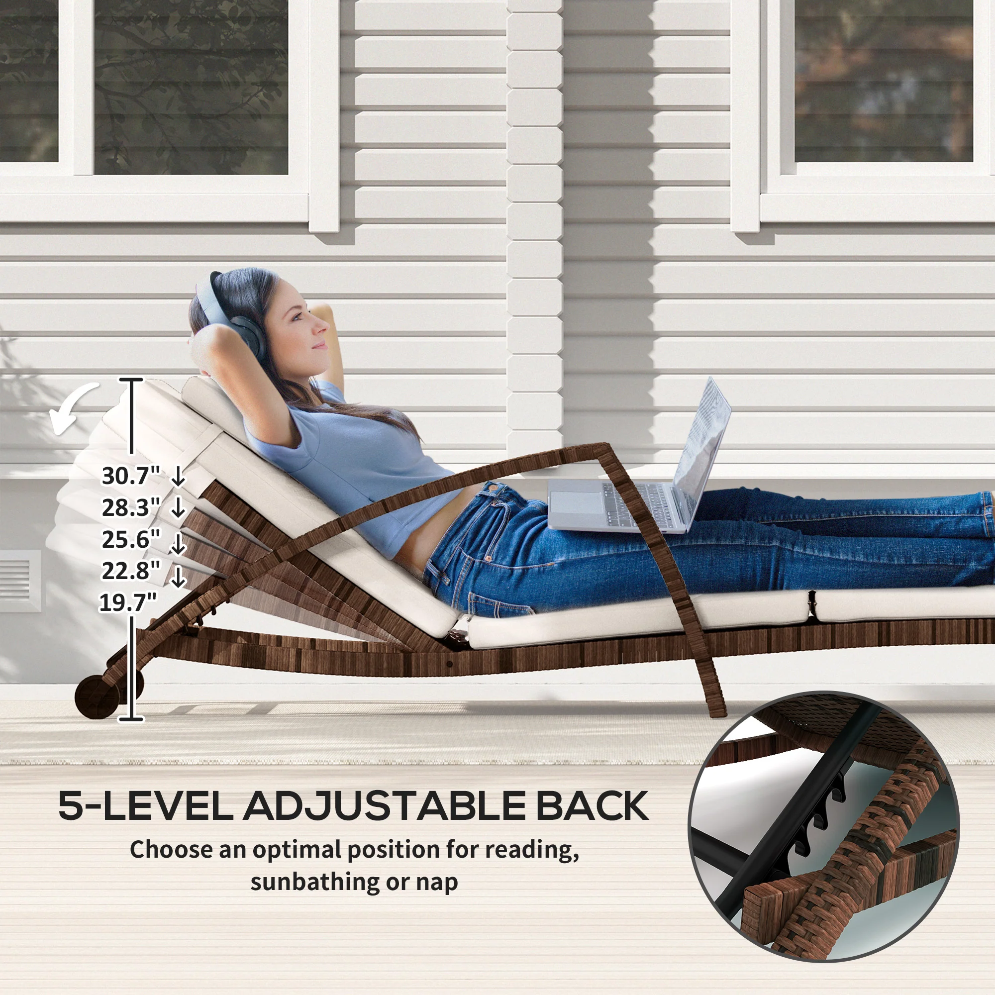 Set of 2 Outdoor Chaise Lounge Chair with Wheels, 5-Position Adjustable Reclining, Beige - Image 6