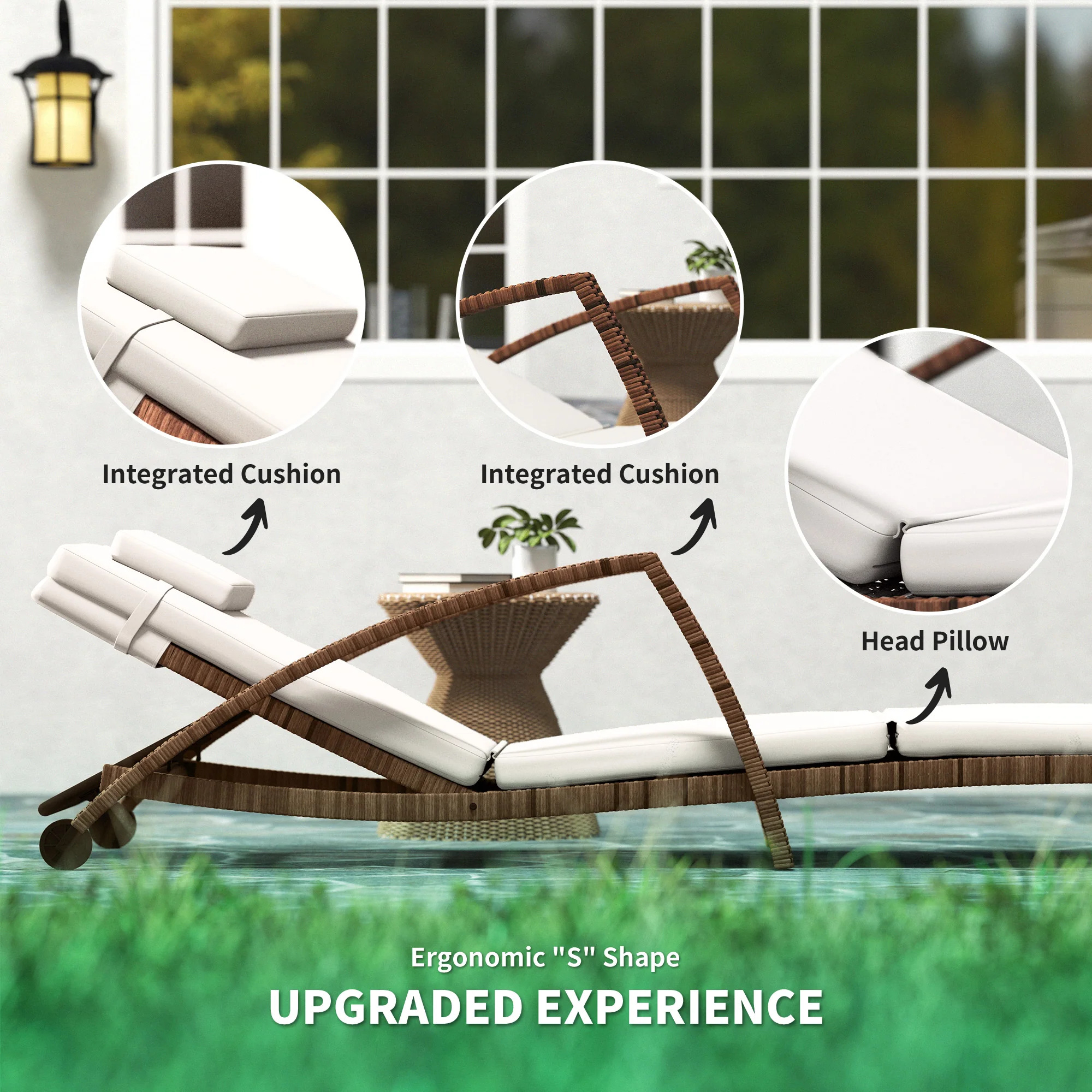 Set of 2 Outdoor Chaise Lounge Chair with Wheels, 5-Position Adjustable Reclining, Beige - Image 8