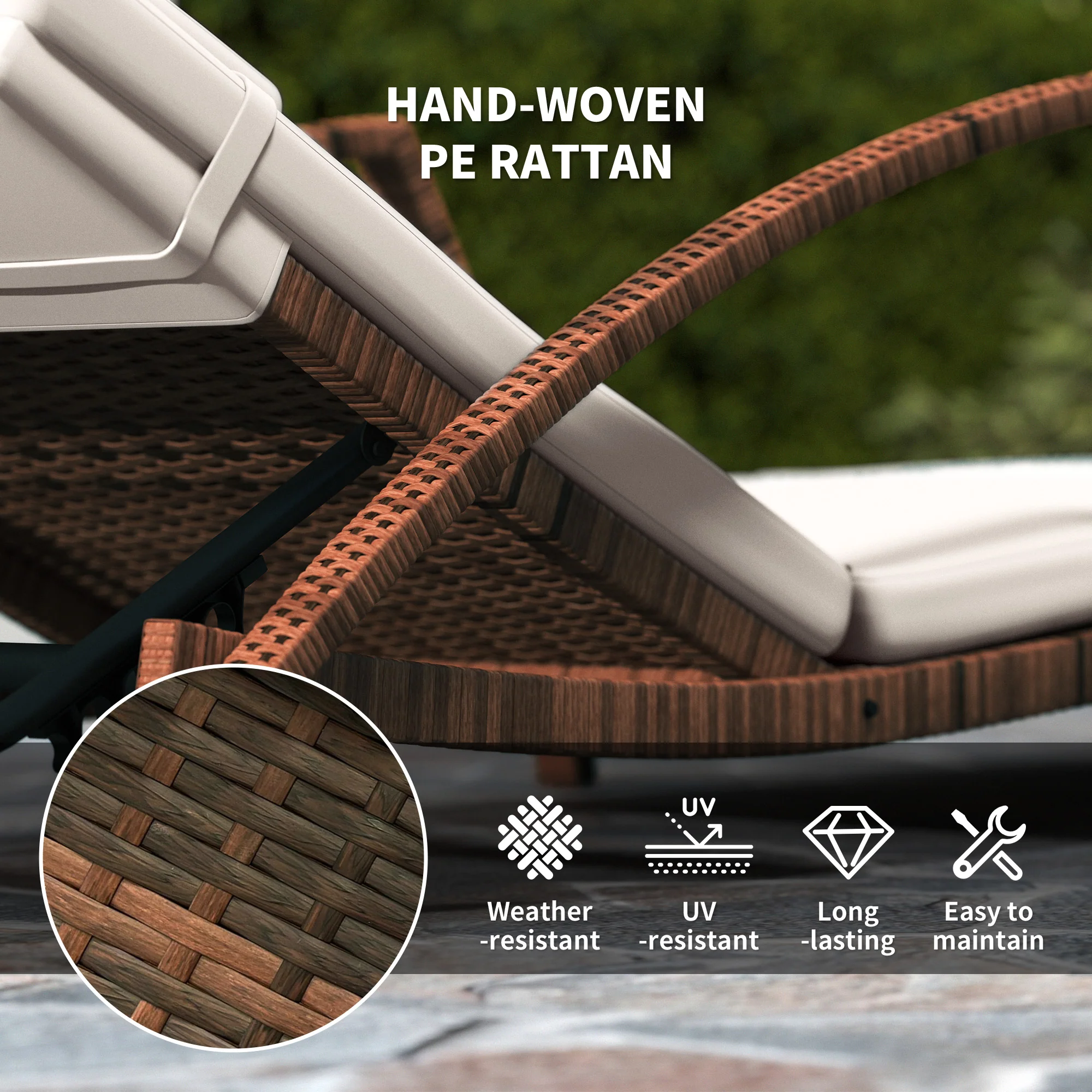 Set of 2 Outdoor Chaise Lounge Chair with Wheels, 5-Position Adjustable Reclining, Beige - Image 9