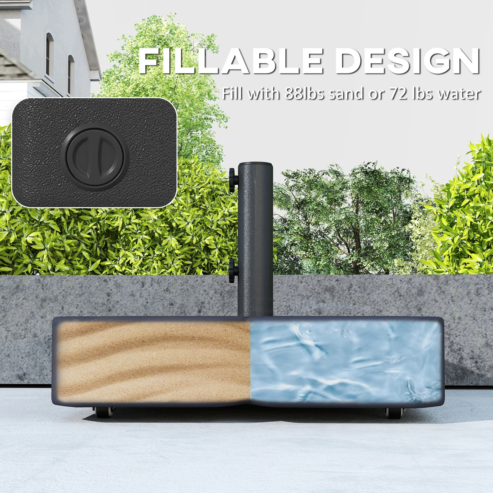 Patio Umbrella Base with Wheels, Square Heavy Duty Umbrella Stand Holder, 70 lbs Water or 88 lbs Sand Filled,  for 1.5"/1.9" Poles for Lawn, Outdoor, Black - Image 7