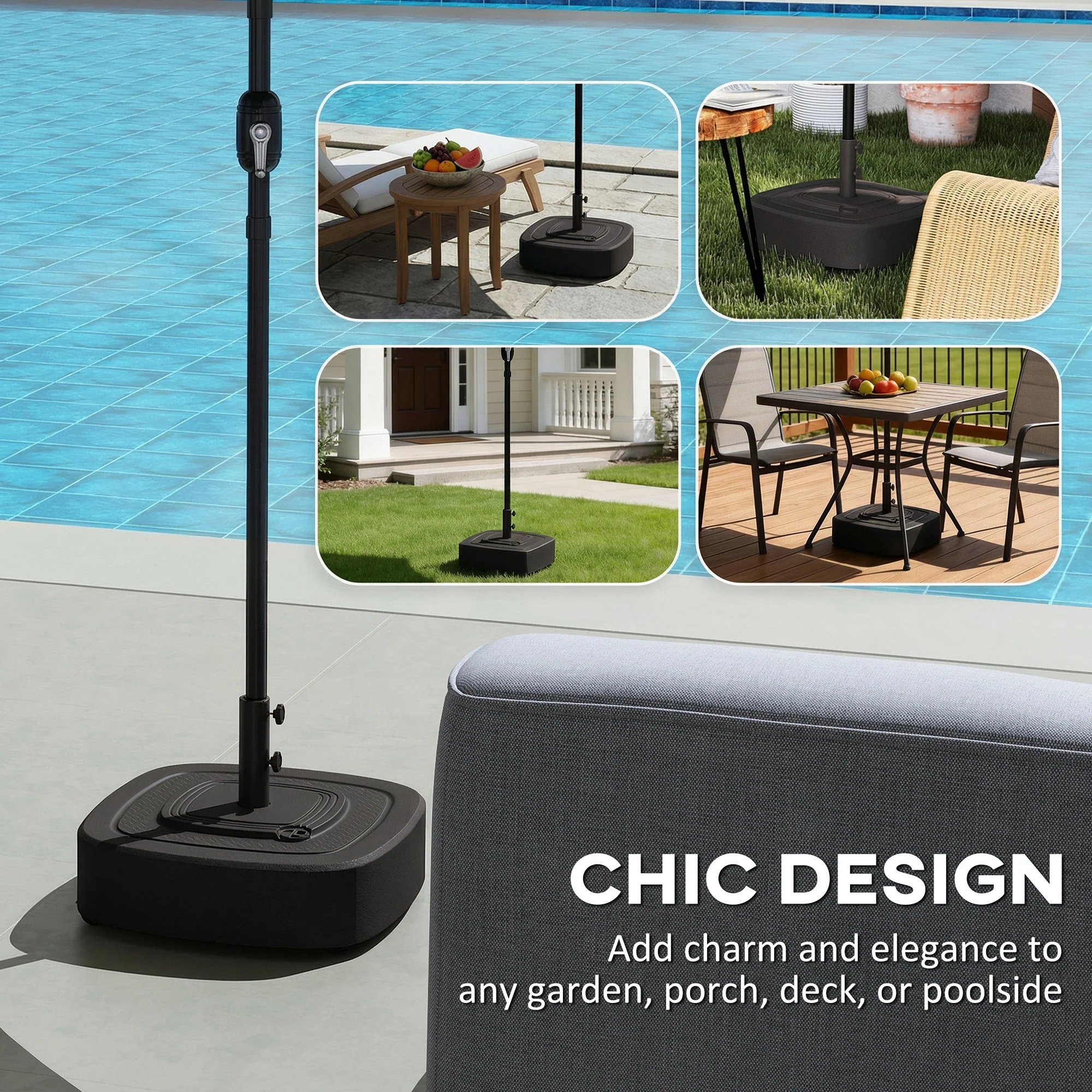 Patio Umbrella Base with Wheels, Umbrella Stand with 110 lbs. Sand or 86 lbs. Water Filled, Outdoor Umbrella Stand Holder for 1.5"/1.9" Poles for Lawn, Poolside, Black - Image 9