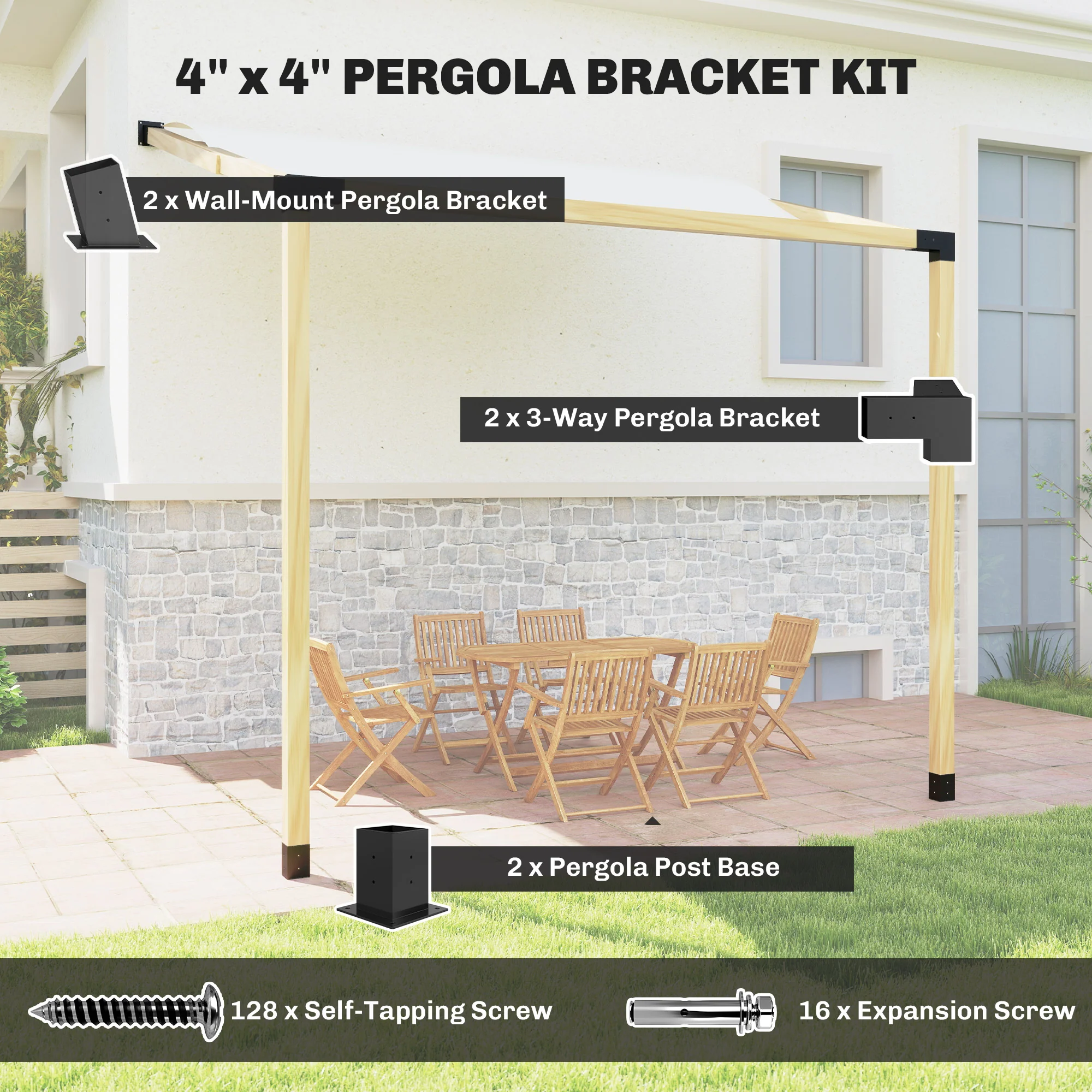 Pergola Kit, 15° Slanted Roof Pergola Bracket Kit with 2 3-Way Corner Brackets, 2 Post Bases, 2 Wall Mounts for 4"x 4" (Actual 3.6" X 3.6") Lumber, 6 PCS DIY Hardware with Screws, Black - Image 6