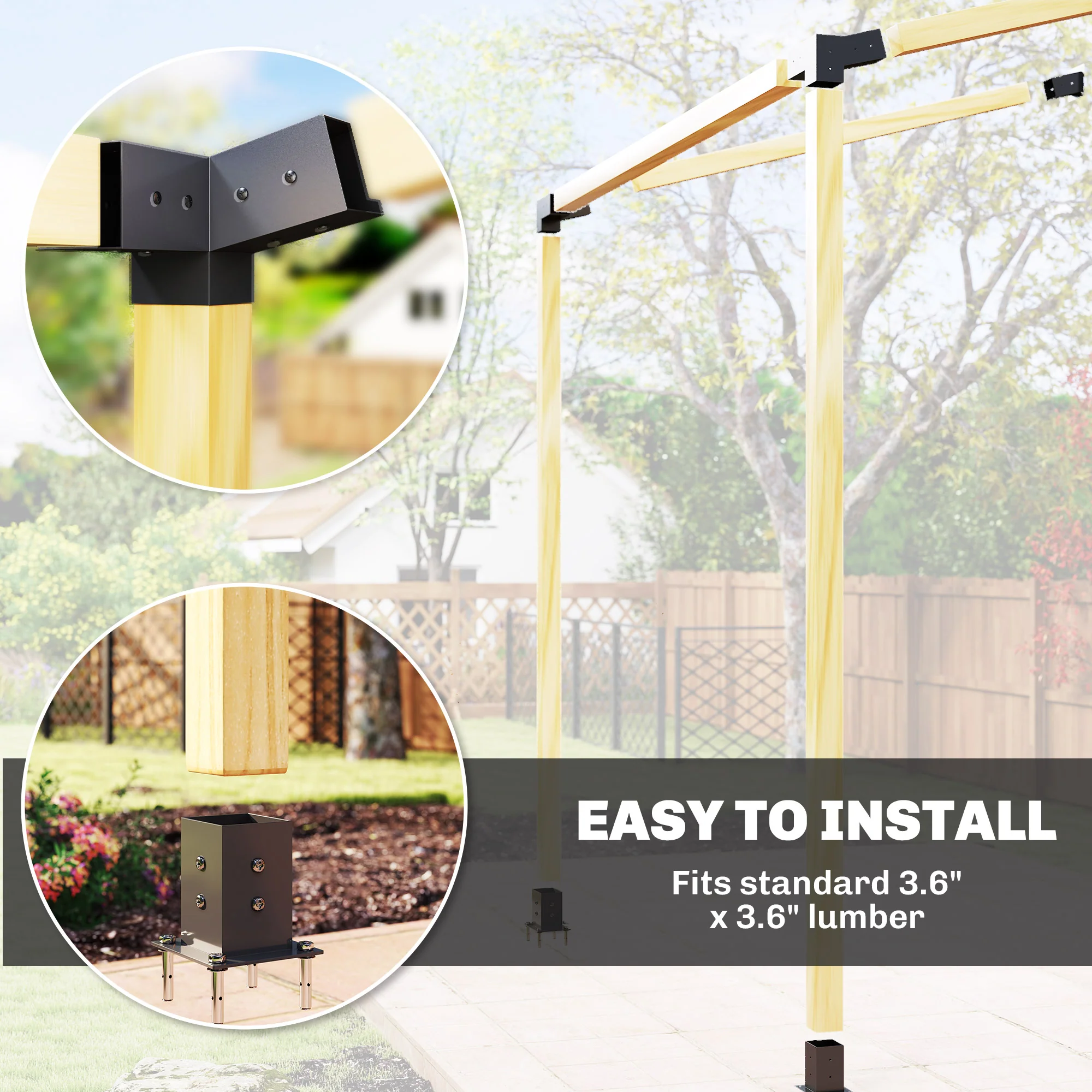 Pergola Kit, 15° Slanted Roof Pergola Bracket Kit with 2 3-Way Corner Brackets, 2 Post Bases, 2 Wall Mounts for 4"x 4" (Actual 3.6" X 3.6") Lumber, 6 PCS DIY Hardware with Screws, Black - Image 9