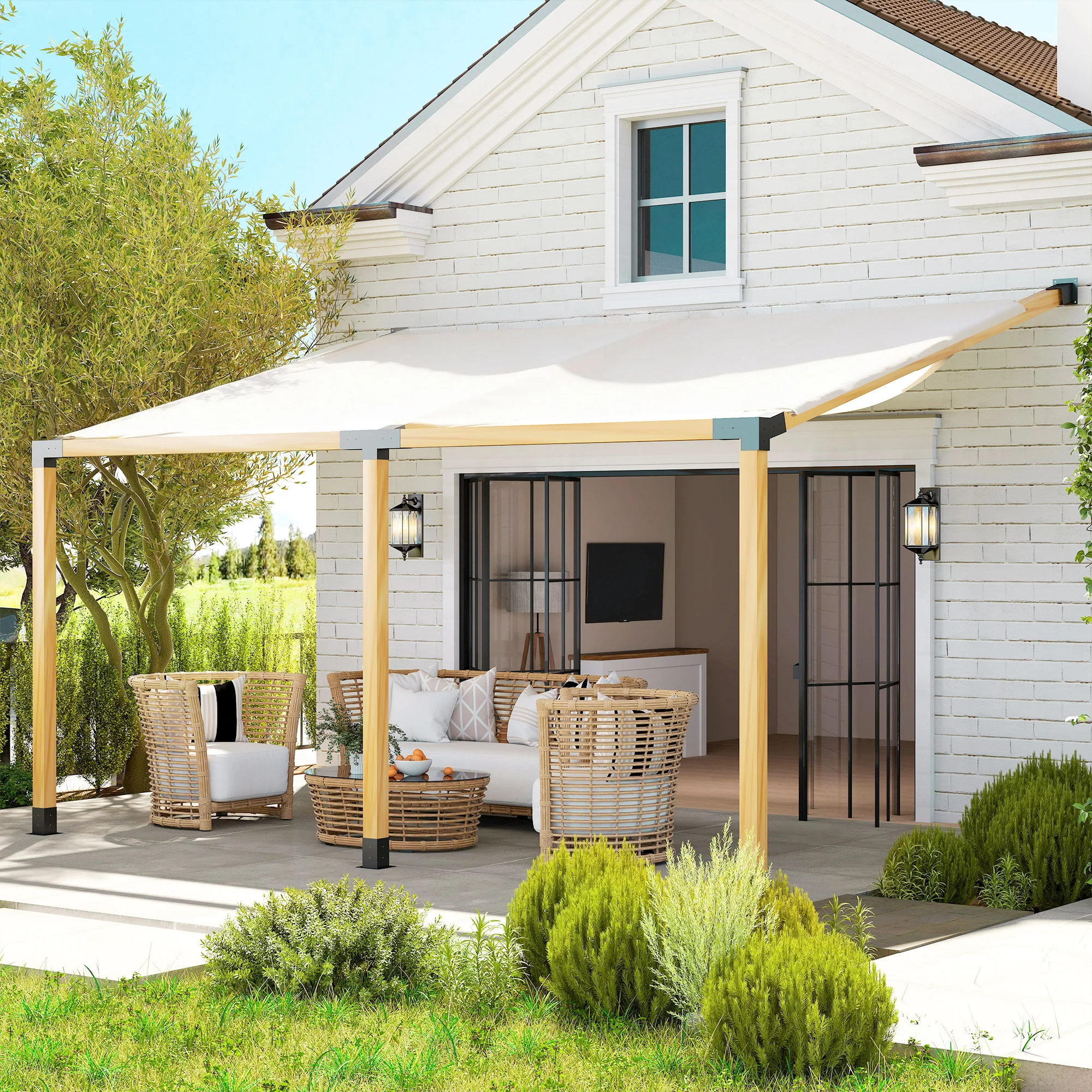 Pergola Kit, 15掳 Slanted Roof Pergola Bracket Kit with 4-Way/3-Way Corner Brackets, Post Bases, Wall Mounts for 4"x 4" (Actual 3.6" X 3.6") Lumber, 9 PCS DIY Hardware with Screws, Black - Image 4