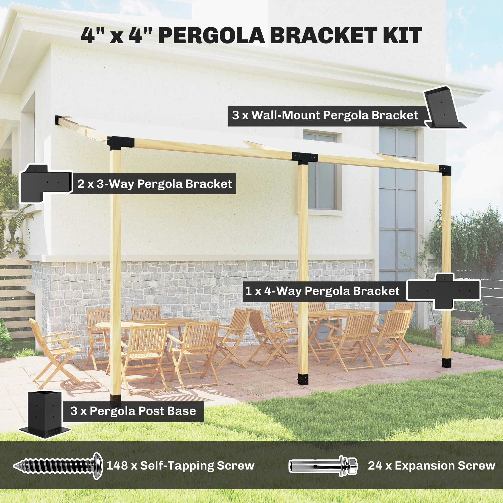 Pergola Kit, 15掳 Slanted Roof Pergola Bracket Kit with 4-Way/3-Way Corner Brackets, Post Bases, Wall Mounts for 4"x 4" (Actual 3.6" X 3.6") Lumber, 9 PCS DIY Hardware with Screws, Black - Image 6