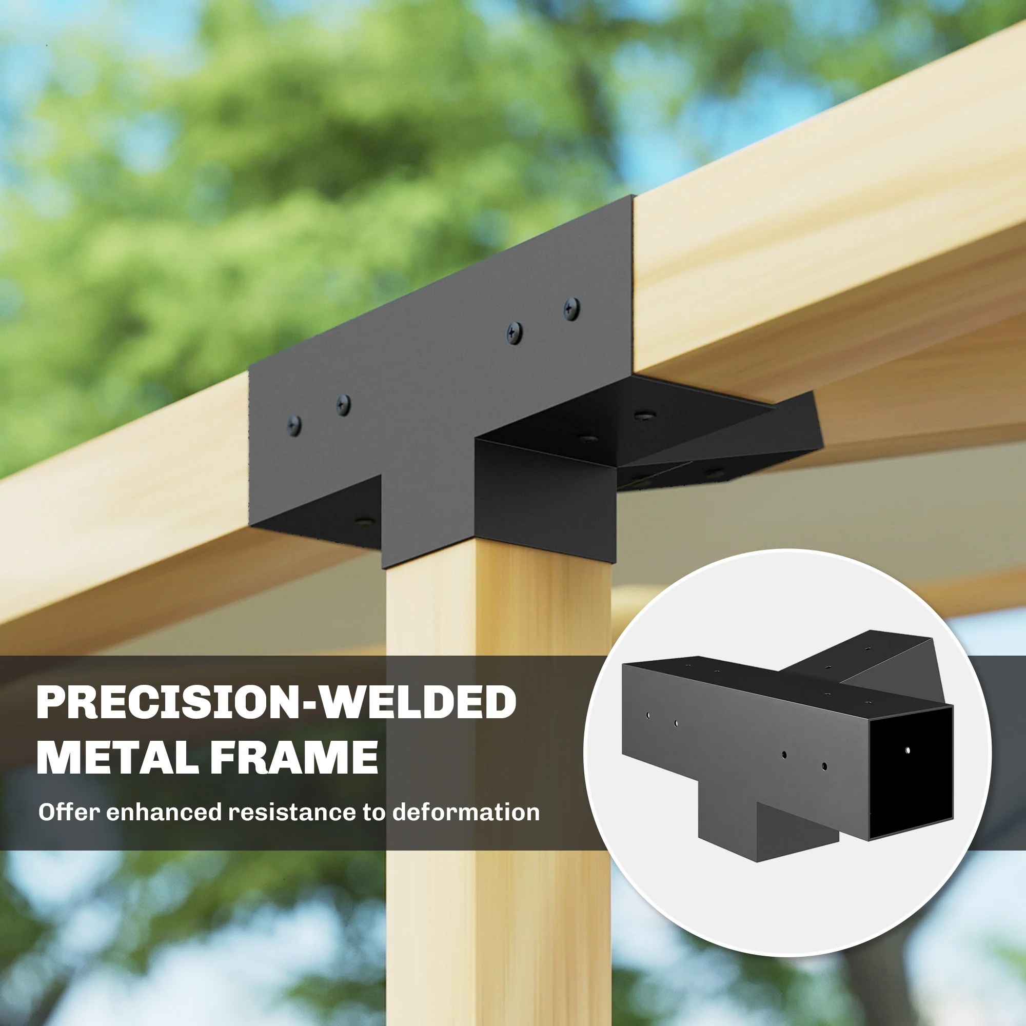 Pergola Kit, 15掳 Slanted Roof Pergola Bracket Kit with 4-Way/3-Way Corner Brackets, Post Bases, Wall Mounts for 4"x 4" (Actual 3.6" X 3.6") Lumber, 9 PCS DIY Hardware with Screws, Black - Image 8