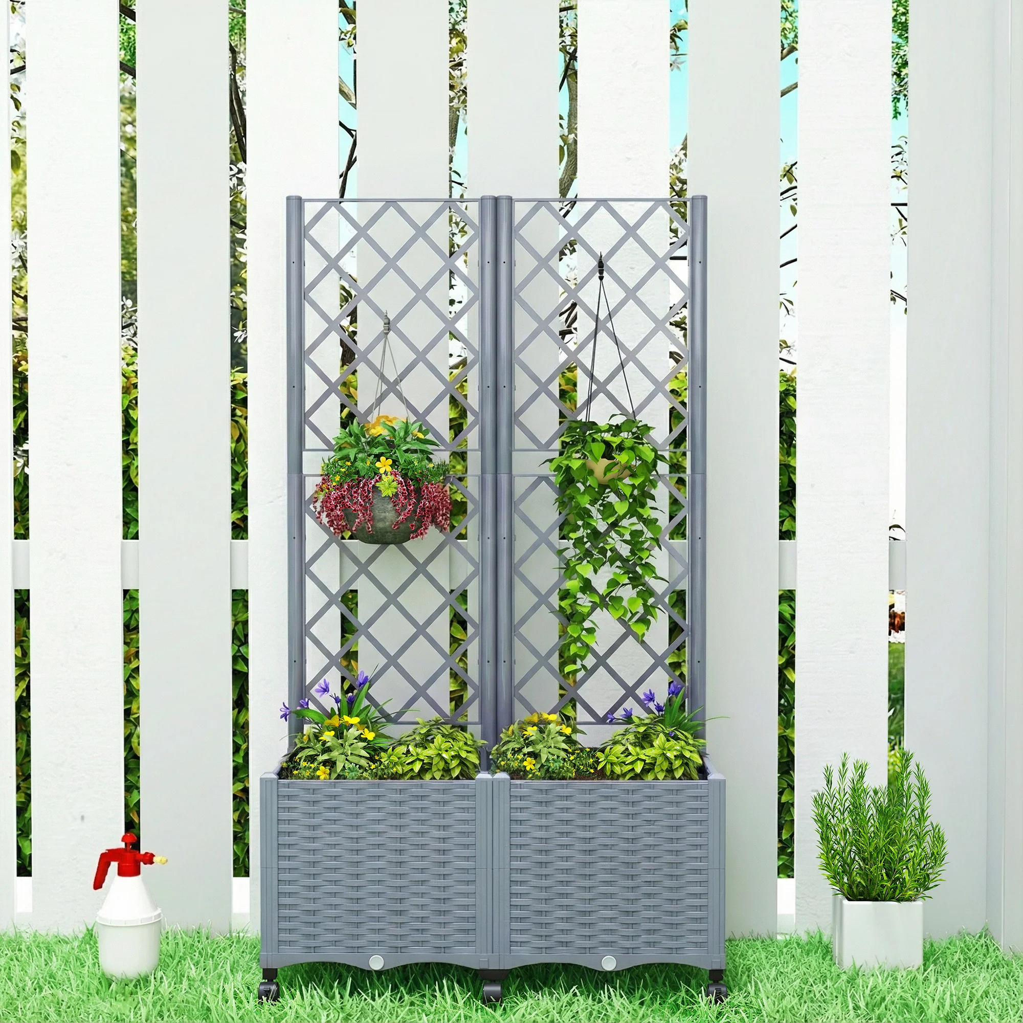 Planter Box with Trellis, Self Watering Raised Garden Bed with Lockable Wheels, 56.3" Trellis Privacy Planter with Drainage Holes for Climbing Plants, Vines, Vegetables, Flowers, Gray - Image 10