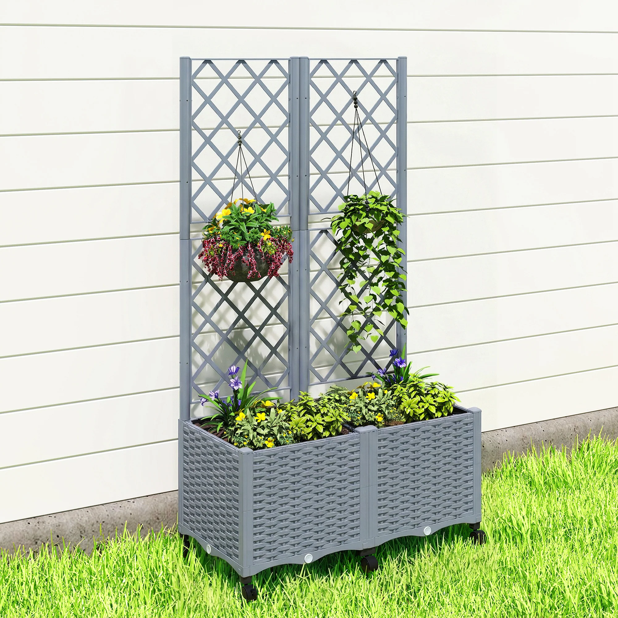 Planter Box with Trellis, Self Watering Raised Garden Bed with Lockable Wheels, 56.3" Trellis Privacy Planter with Drainage Holes for Climbing Plants, Vines, Vegetables, Flowers, Gray - Image 11