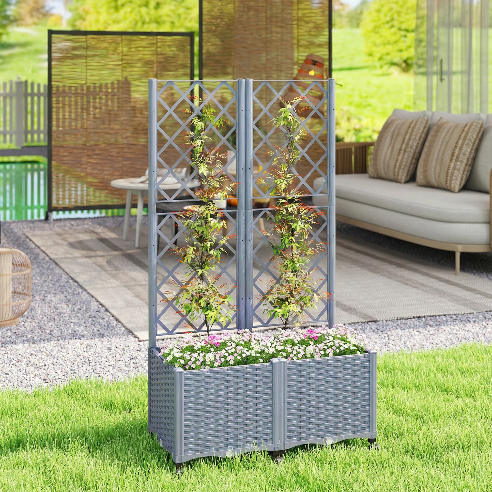 Planter Box with Trellis, Self Watering Raised Garden Bed with Lockable Wheels, 56.3" Trellis Privacy Planter with Drainage Holes for Climbing Plants, Vines, Vegetables, Flowers, Gray - Image 3