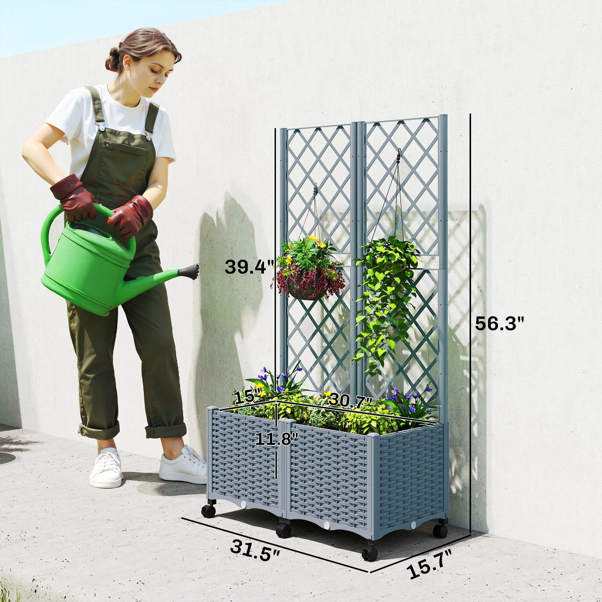 Planter Box with Trellis, Self Watering Raised Garden Bed with Lockable Wheels, 56.3" Trellis Privacy Planter with Drainage Holes for Climbing Plants, Vines, Vegetables, Flowers, Gray - Image 5