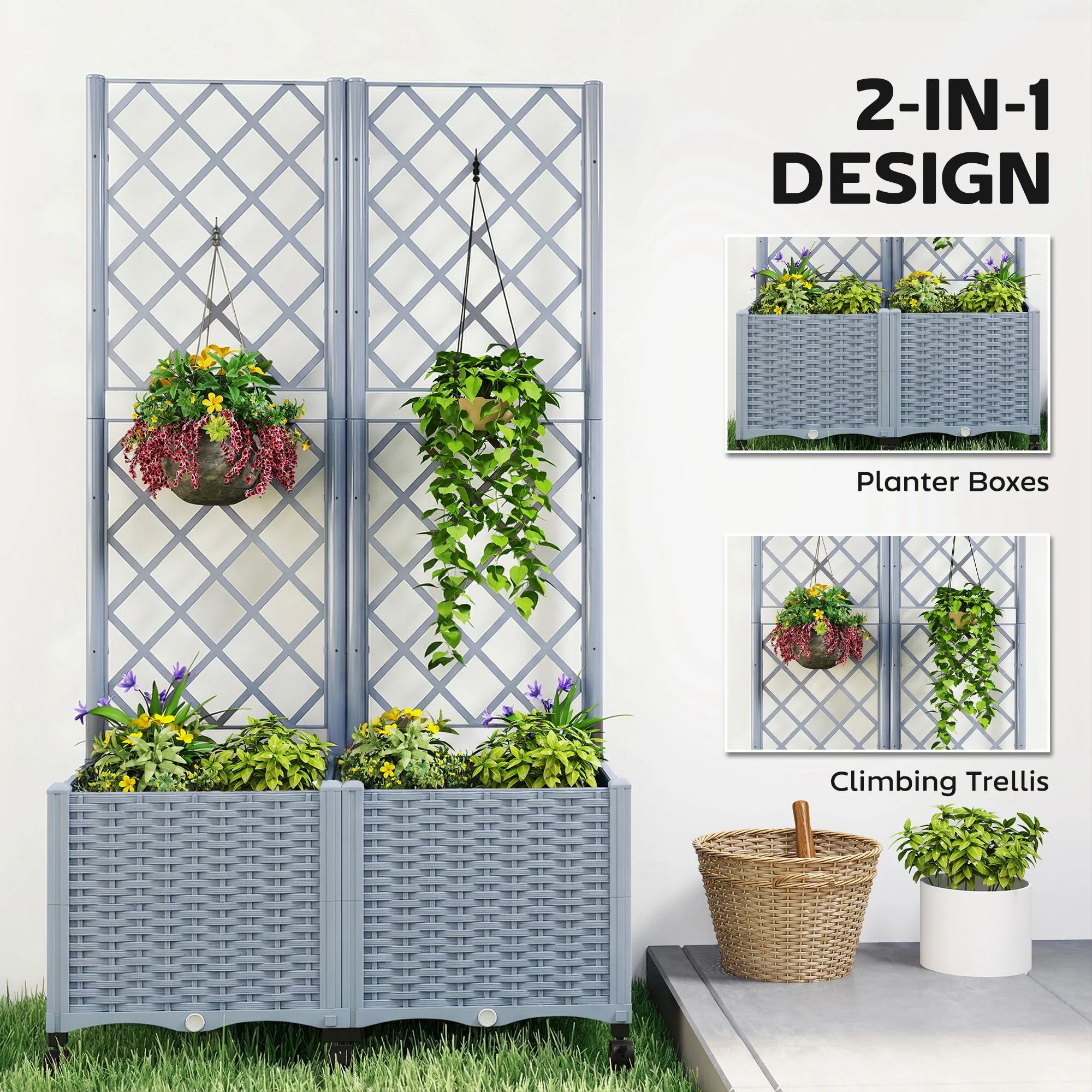 Planter Box with Trellis, Self Watering Raised Garden Bed with Lockable Wheels, 56.3" Trellis Privacy Planter with Drainage Holes for Climbing Plants, Vines, Vegetables, Flowers, Gray - Image 6