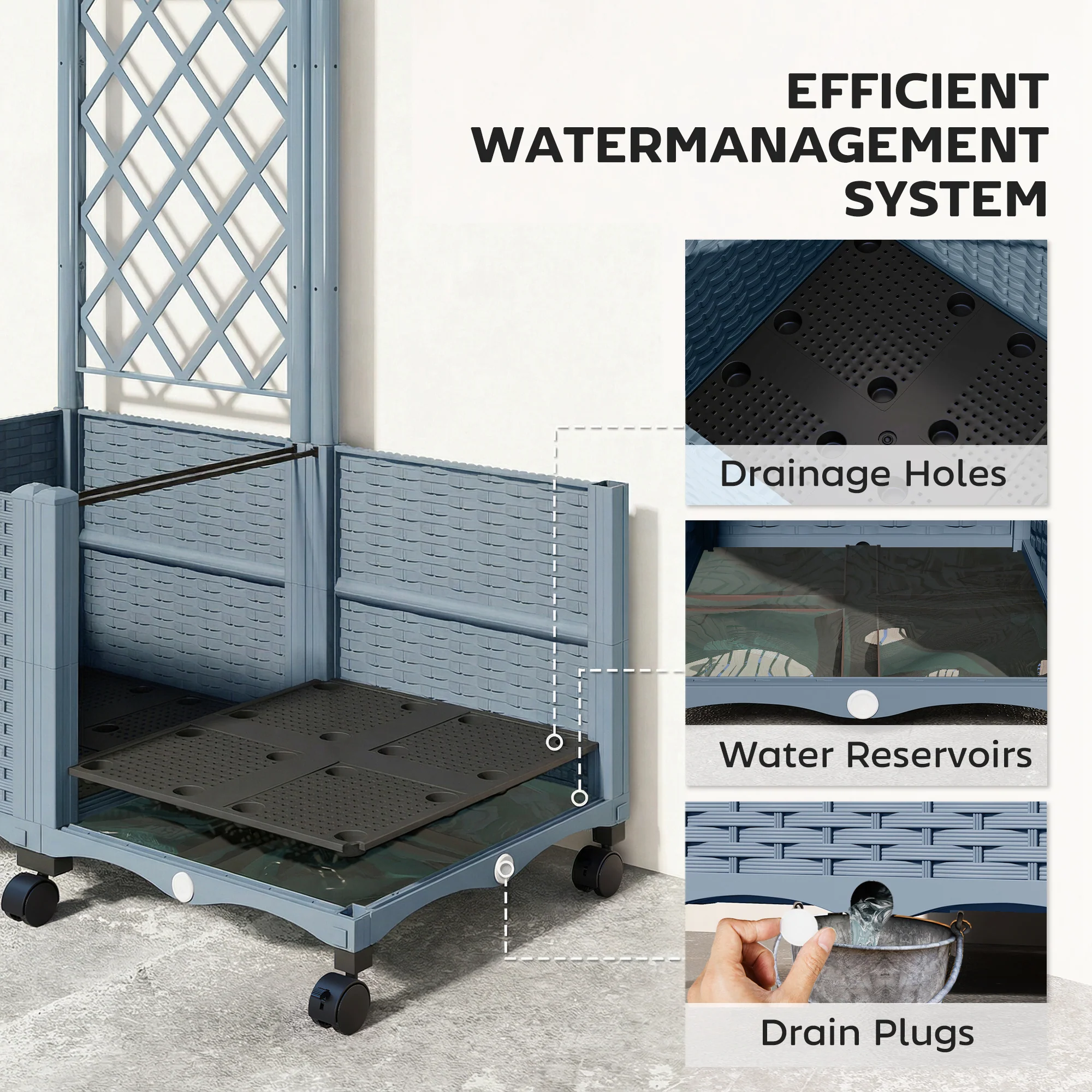 Planter Box with Trellis, Self Watering Raised Garden Bed with Lockable Wheels, 56.3" Trellis Privacy Planter with Drainage Holes for Climbing Plants, Vines, Vegetables, Flowers, Gray - Image 7