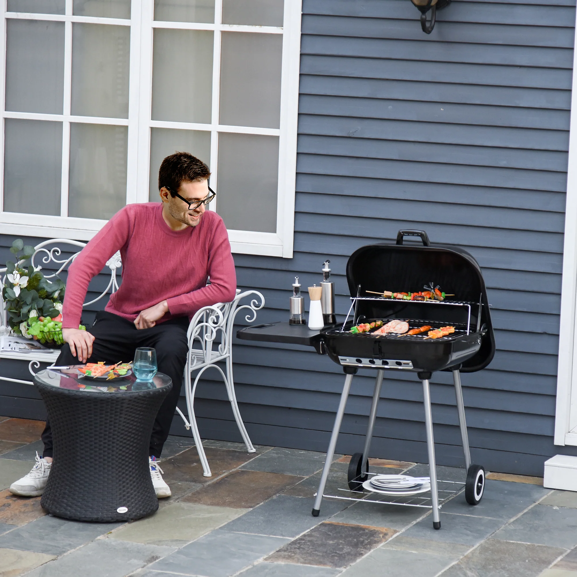 Portable Charcoal Grill with Foldable Shelf and Adjustable Vents for Backyard Cooking, Black - Image 4