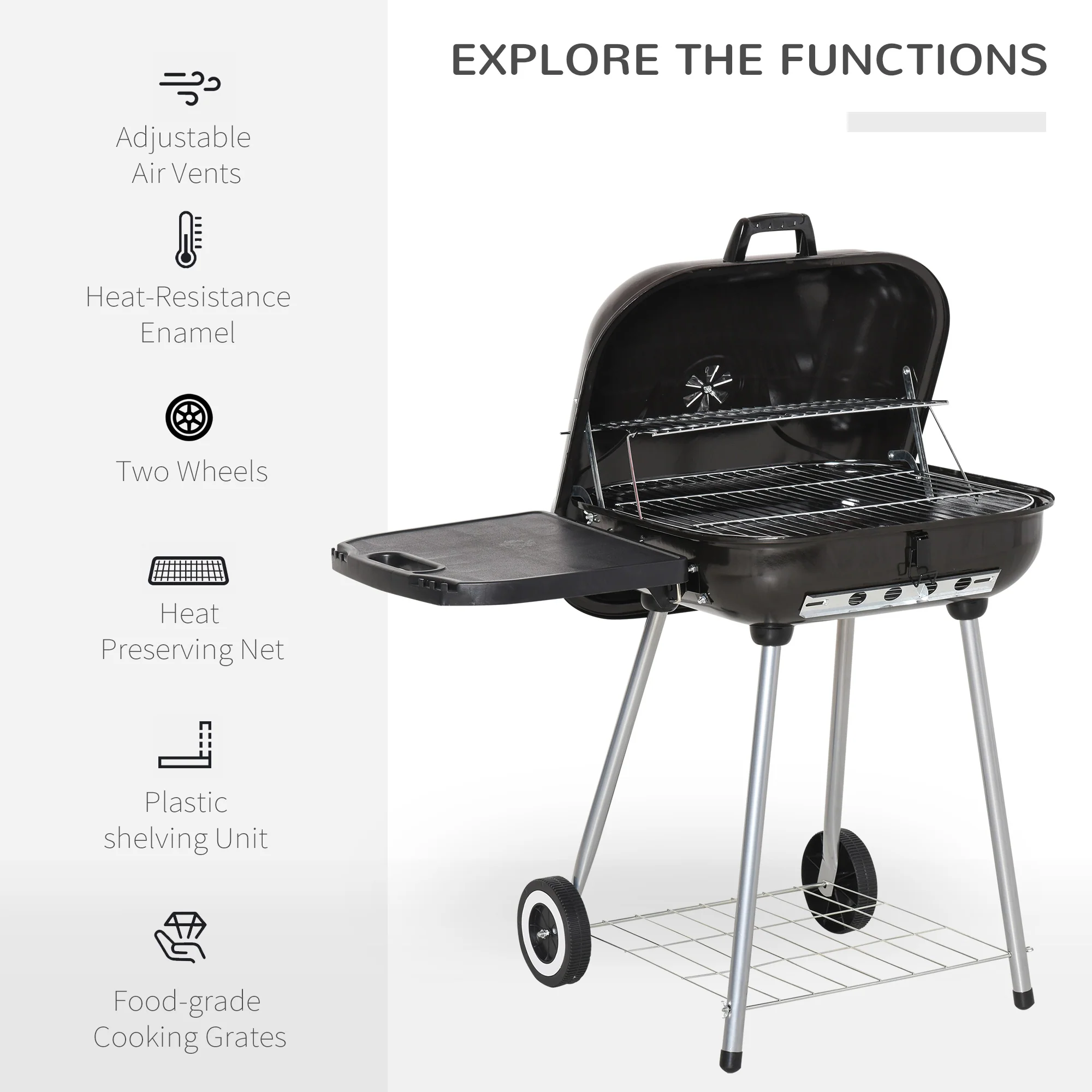 Portable Charcoal Grill with Foldable Shelf and Adjustable Vents for Backyard Cooking, Black - Image 6