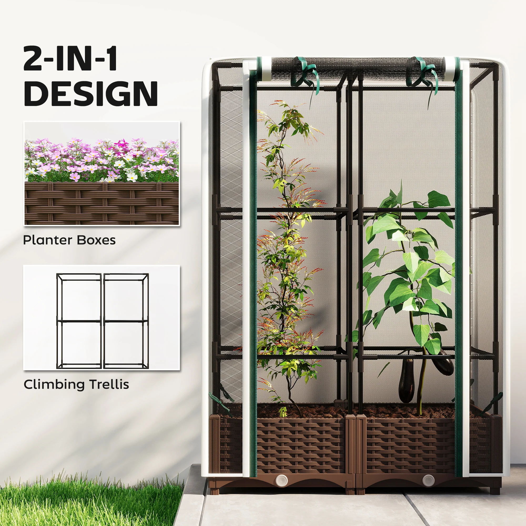 Raised Garden Bed with Trellis, 46.5"with Crop Cage for Outdoor Patio Climbing Plants, Vines, Vegetables, Flowers, White - Image 6