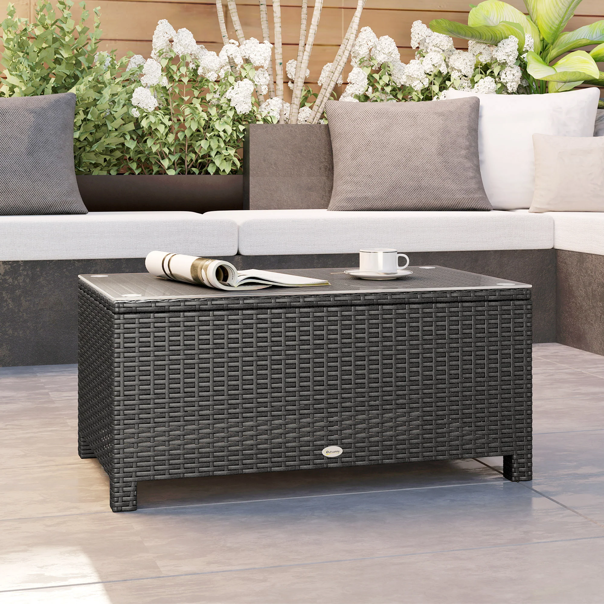 PE Wicker Outdoor Coffee Table with Glass Top Garden Patio Table, Dark Grey - Image 10