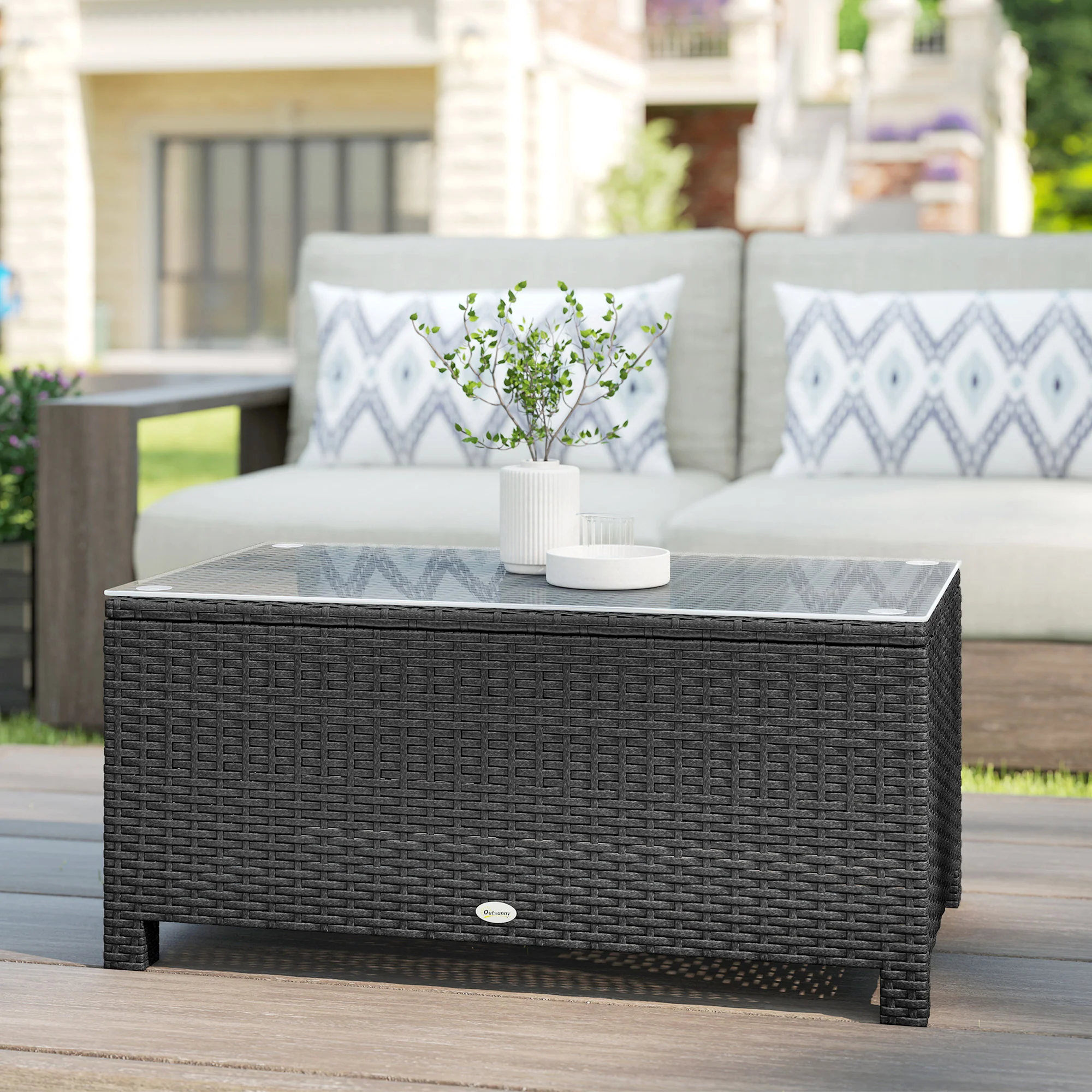 PE Wicker Outdoor Coffee Table with Glass Top Garden Patio Table, Dark Grey - Image 11