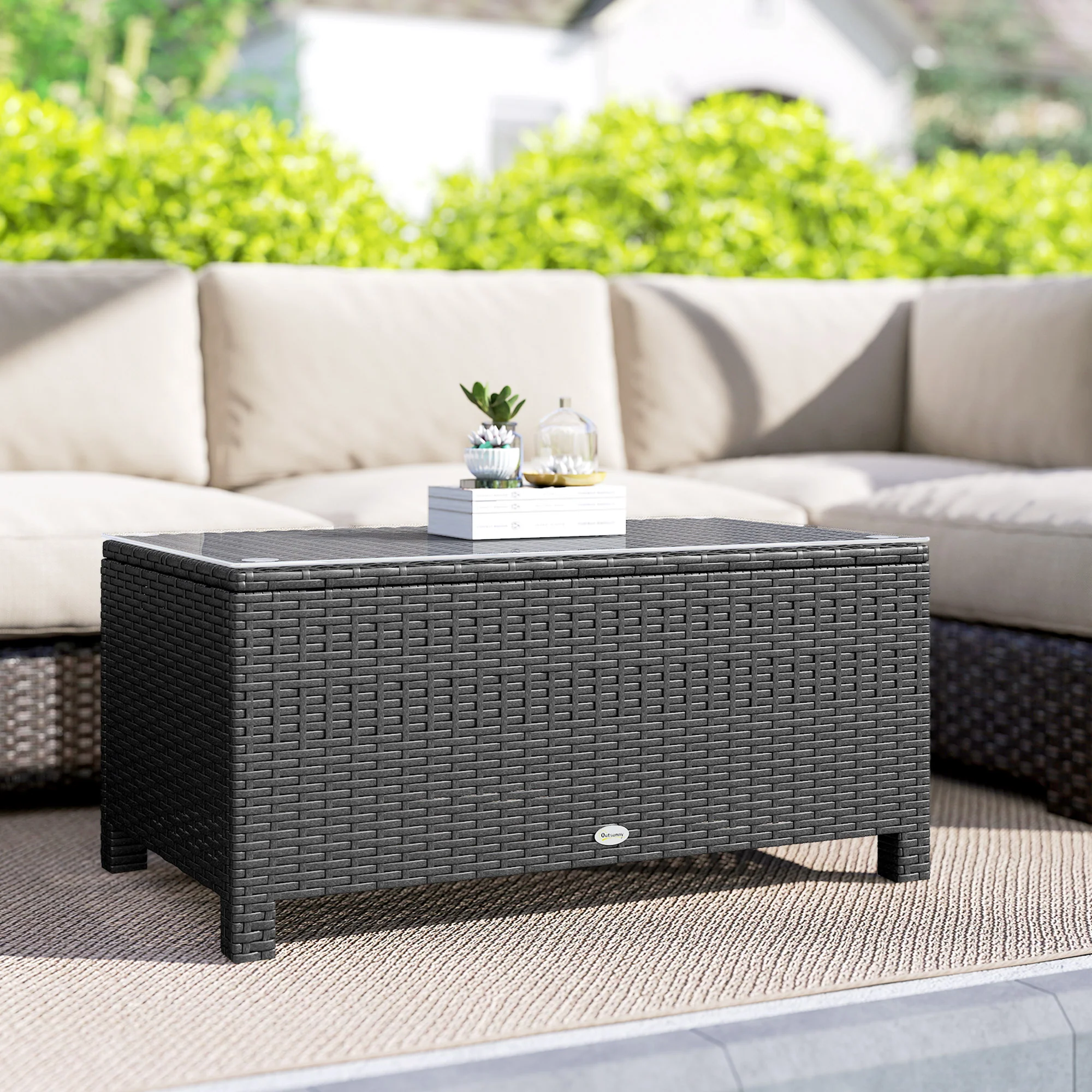 PE Wicker Outdoor Coffee Table with Glass Top Garden Patio Table, Dark Grey - Image 3