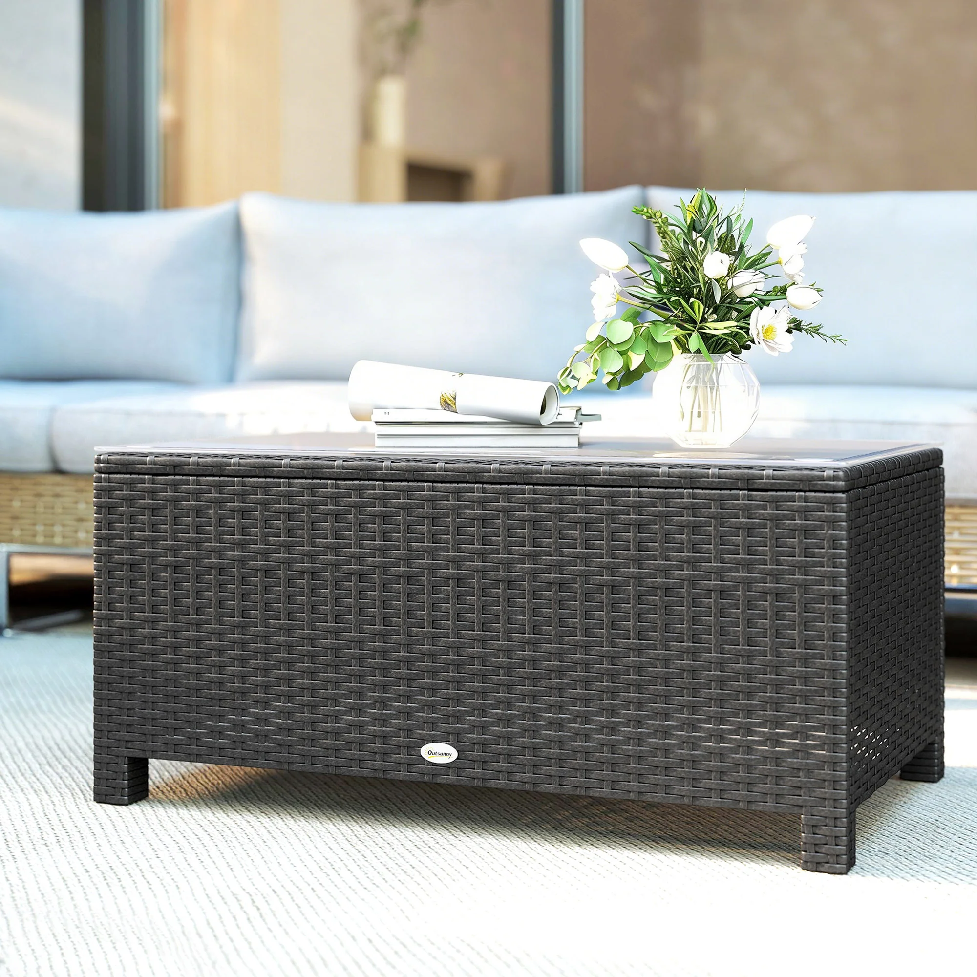 PE Wicker Outdoor Coffee Table with Glass Top Garden Patio Table, Dark Grey - Image 4