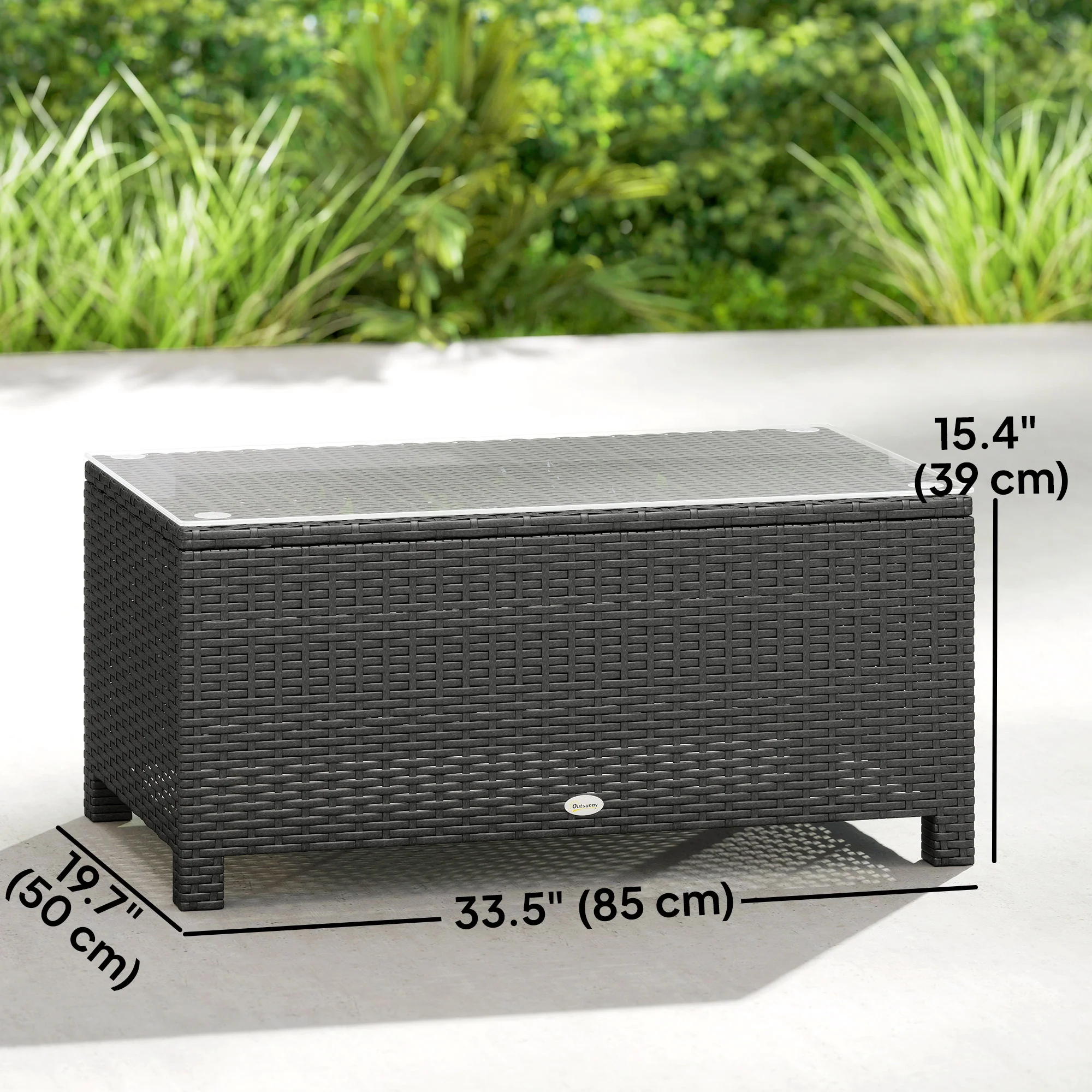 PE Wicker Outdoor Coffee Table with Glass Top Garden Patio Table, Dark Grey - Image 5