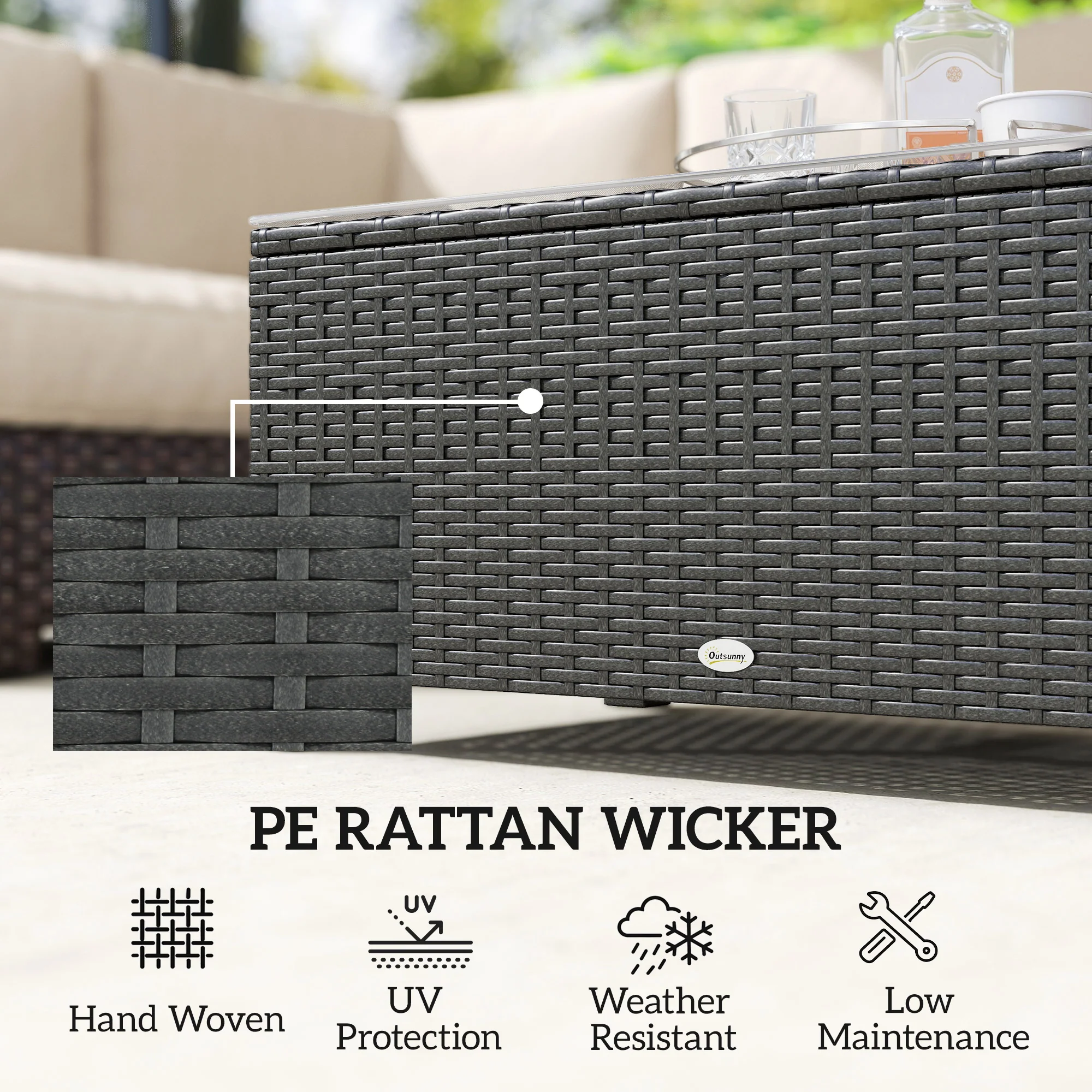 PE Wicker Outdoor Coffee Table with Glass Top Garden Patio Table, Dark Grey - Image 6