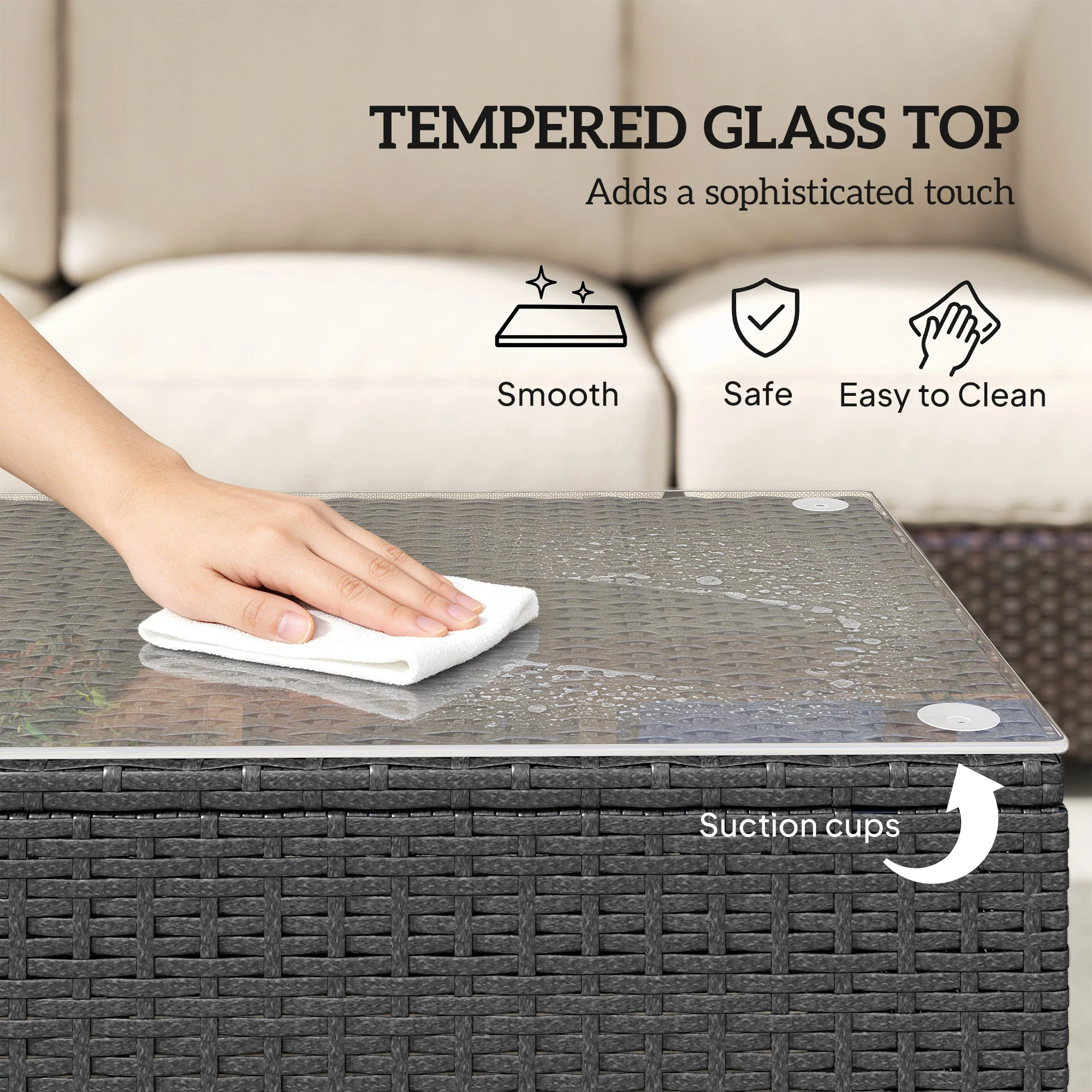 PE Wicker Outdoor Coffee Table with Glass Top Garden Patio Table, Dark Grey - Image 7