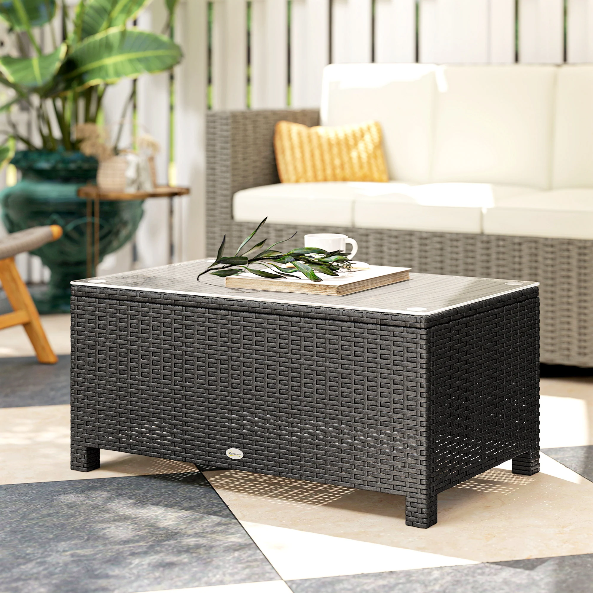 PE Wicker Outdoor Coffee Table with Glass Top Garden Patio Table, Dark Grey - Image 9