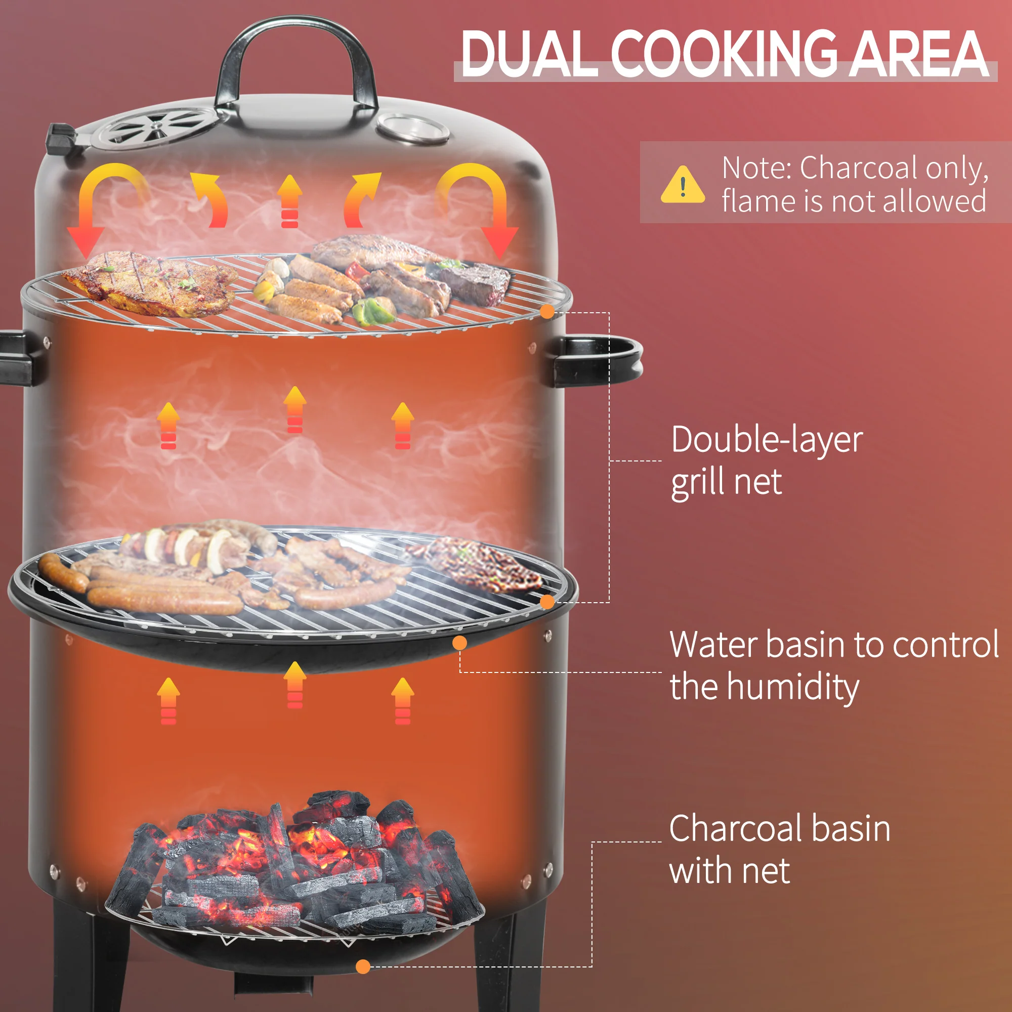 3-in-1 16" Vertical  Round Charcoal Barbecue Grill for Outdoor Camping Picnic, Black - Image 7