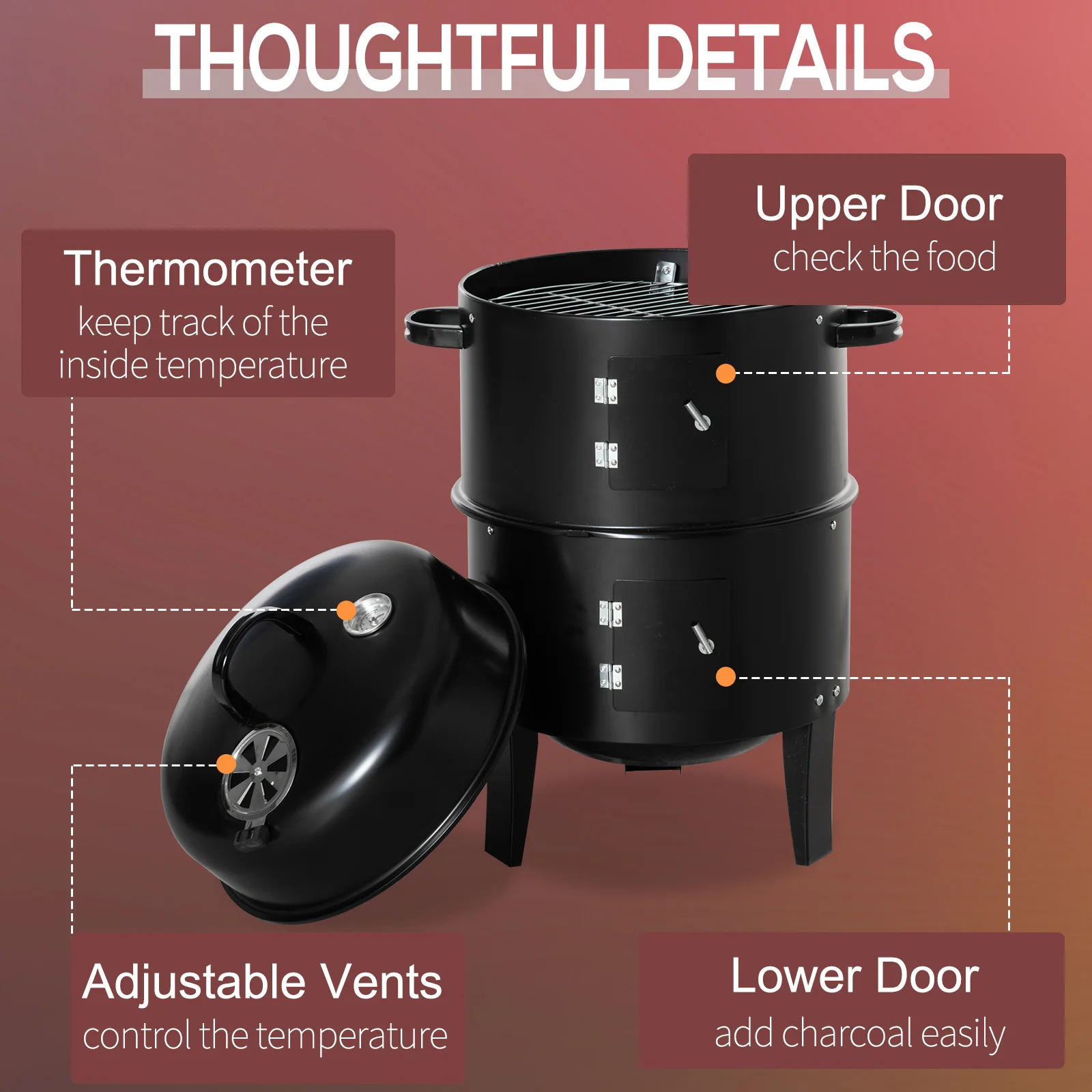 3-in-1 16" Vertical  Round Charcoal Barbecue Grill for Outdoor Camping Picnic, Black - Image 8
